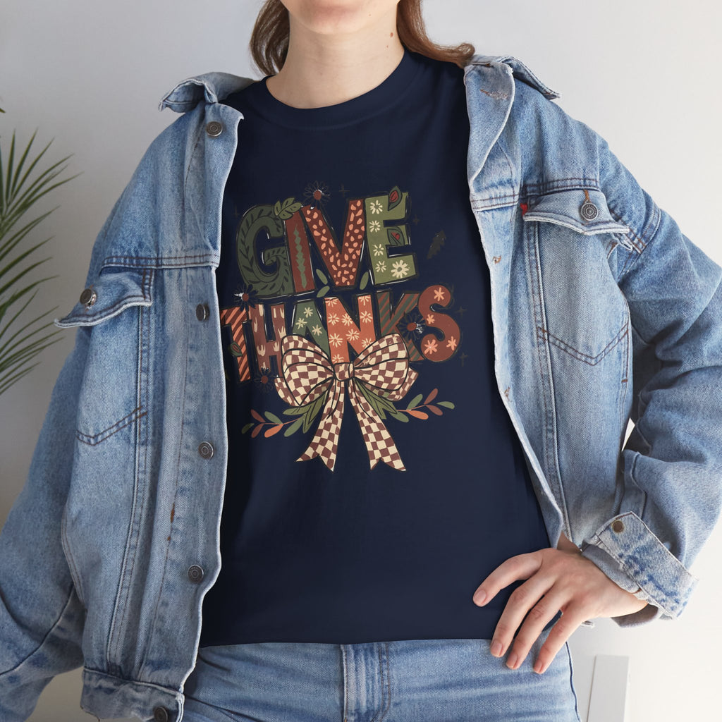 Give Thanks Tee Thanksgiving Graphic T-Shirt with Rustic Bow Design