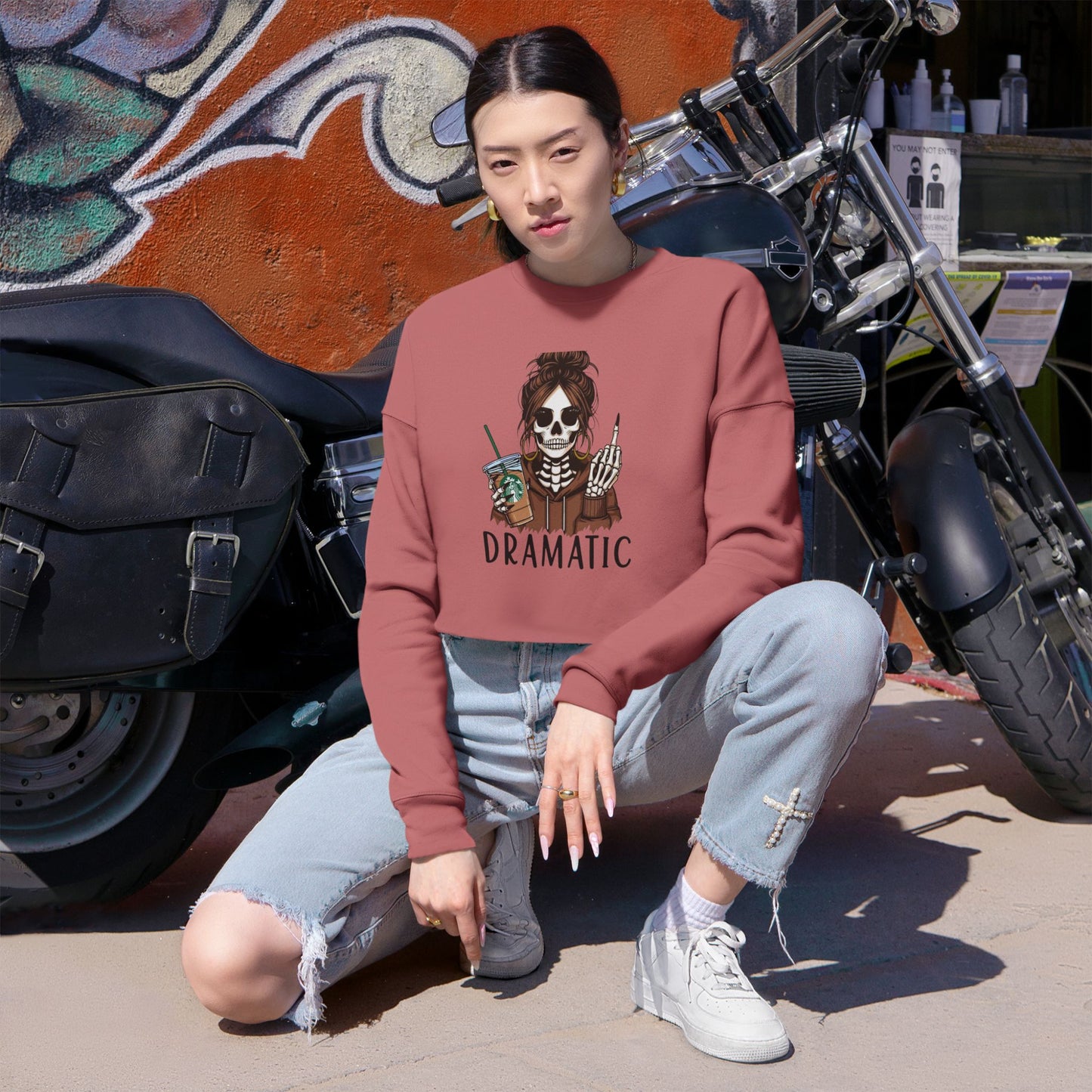 Dramatic Skeleton Cropped Sweatshirt - Trendy Apparel for Artists, Halloween Fashion, Casual Wear, Gifts for Creatives, Fall Style