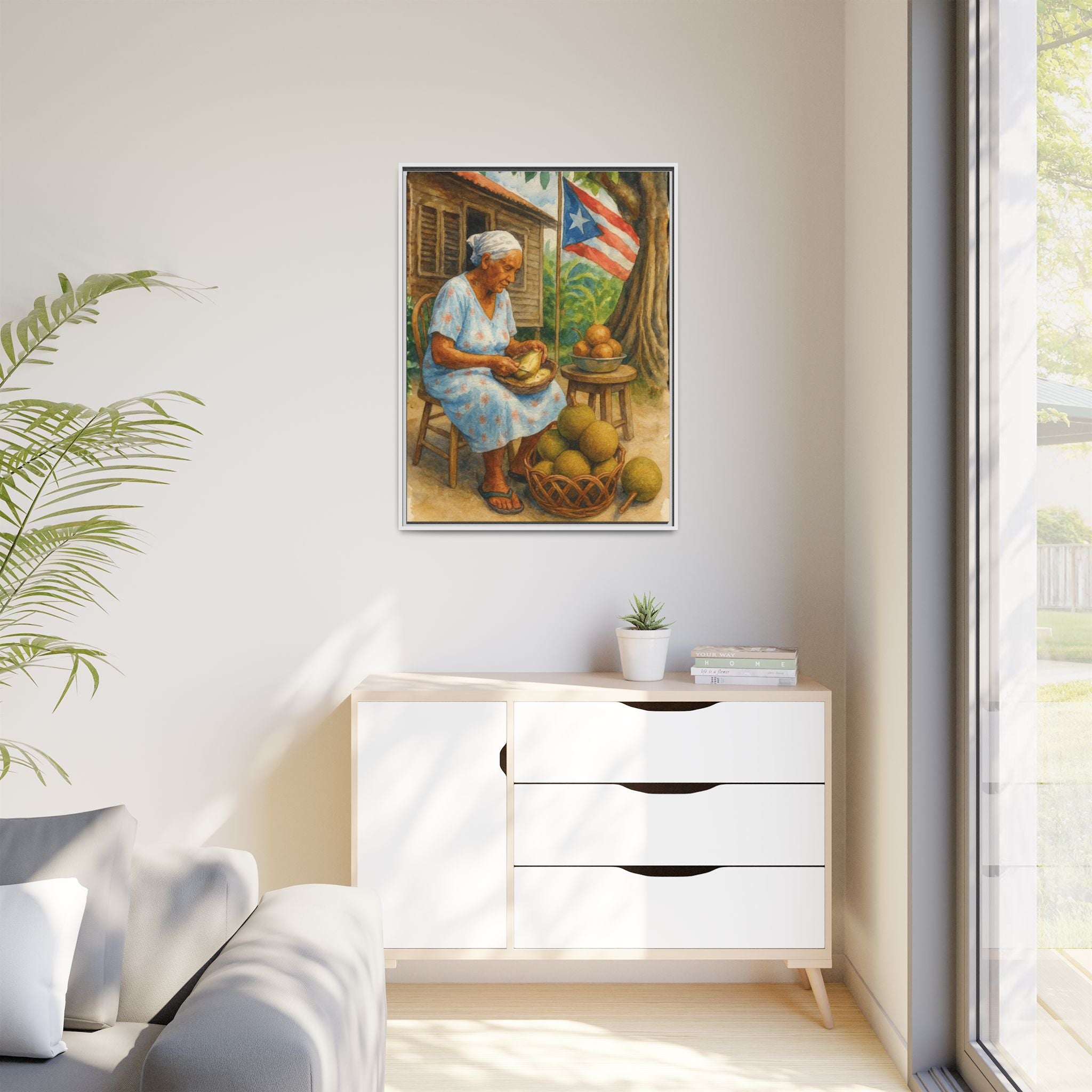 Cultural & Story-Driven These Puerto Rico inspired  Framed Matte Canvas Print  Woman Shelling Fruit Vintage Tropical Painting