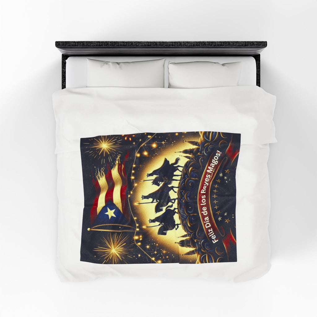 Velveteen Plush Blanket  Feliz Día de los Reyes Magos Puerto Rico Flag Holiday Throw