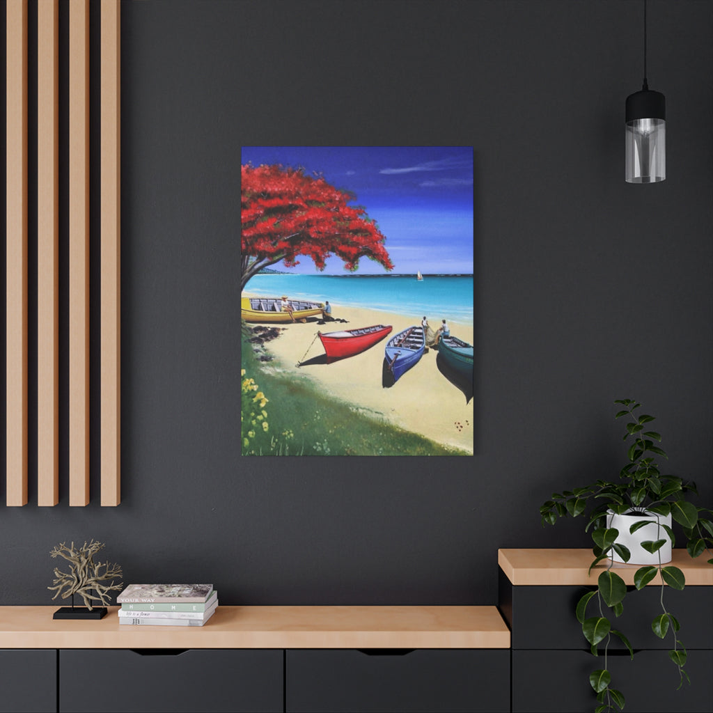 Beach Canoes Canvas Wall Art Tropical Seaside Landscape Matte Stretched Canvas