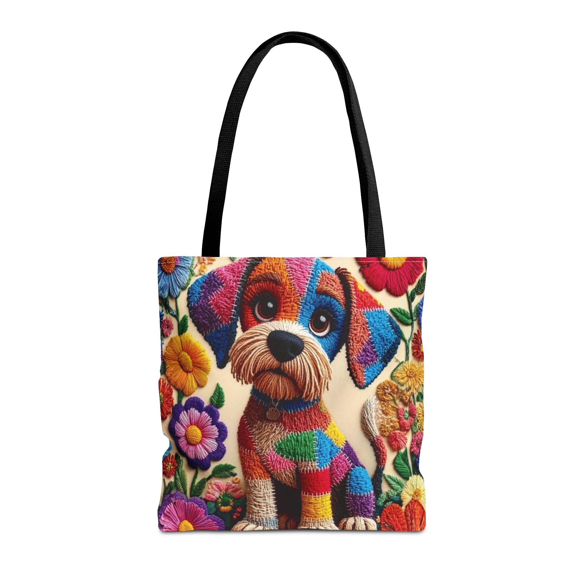 Colorful Patchwork Puppy Tote Bag — Cute Dog Floral AOP Shopper Crochet-Decorated Tote Bags