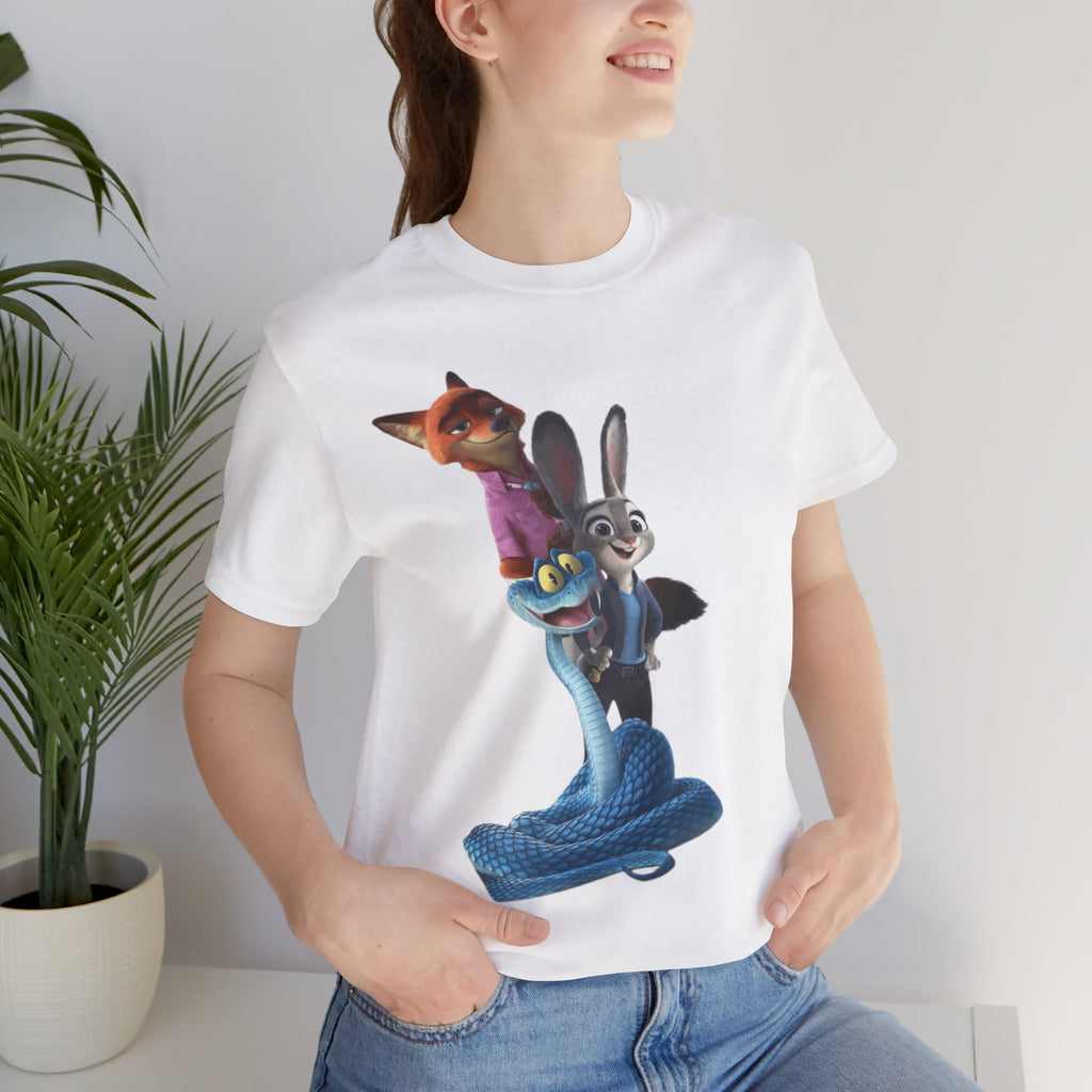 Animated Character Tee — Cute Fox & Bunny Stack Graphic T-Shirt  cartoon-style Christmas artwork