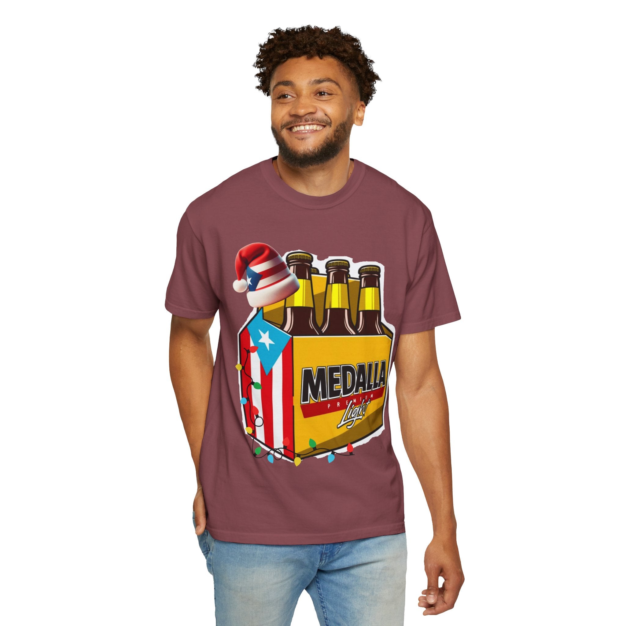 Medalla Light Beer T-Shirt  Navidad Boricua Holiday Tee Puerto Rico’s Navidades