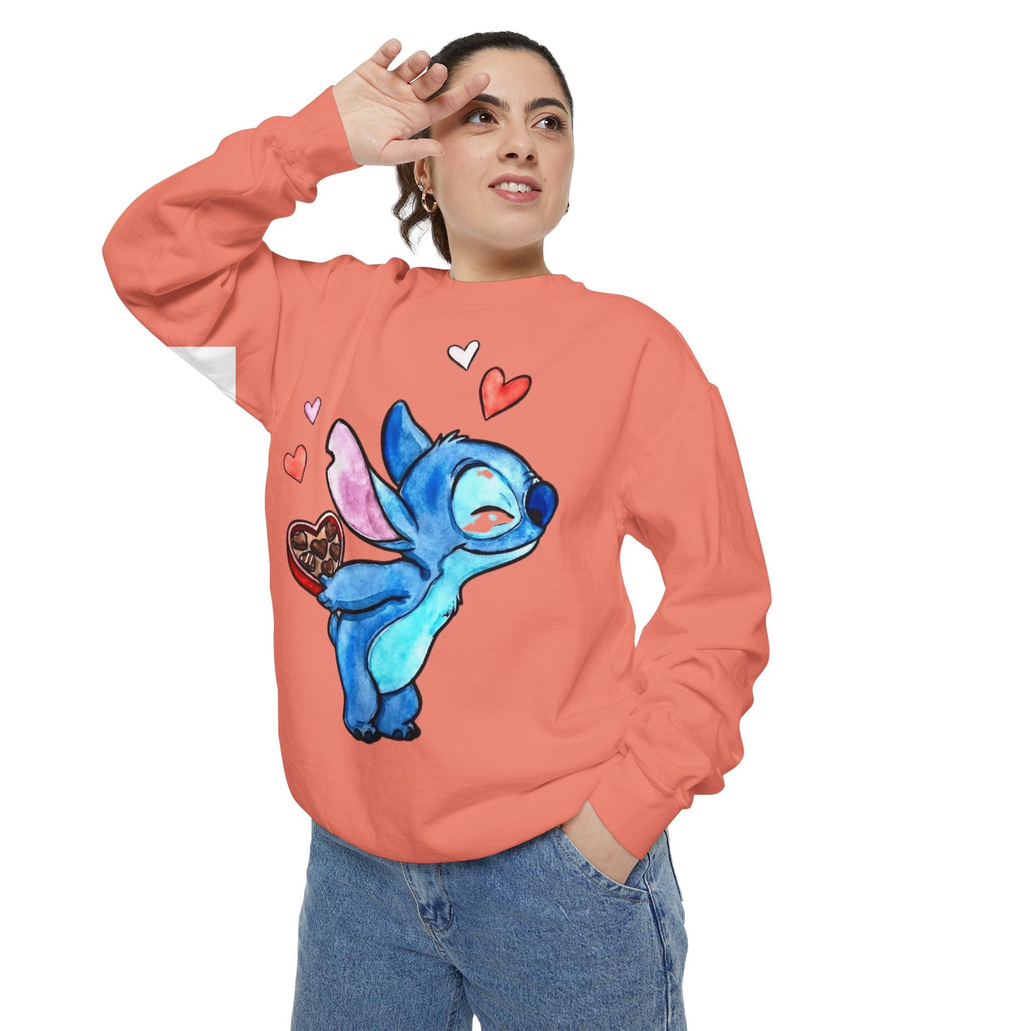 Stitch Valentine Sweatshirt — Cute Blue Alien with Hearts & Chocolate Pocket