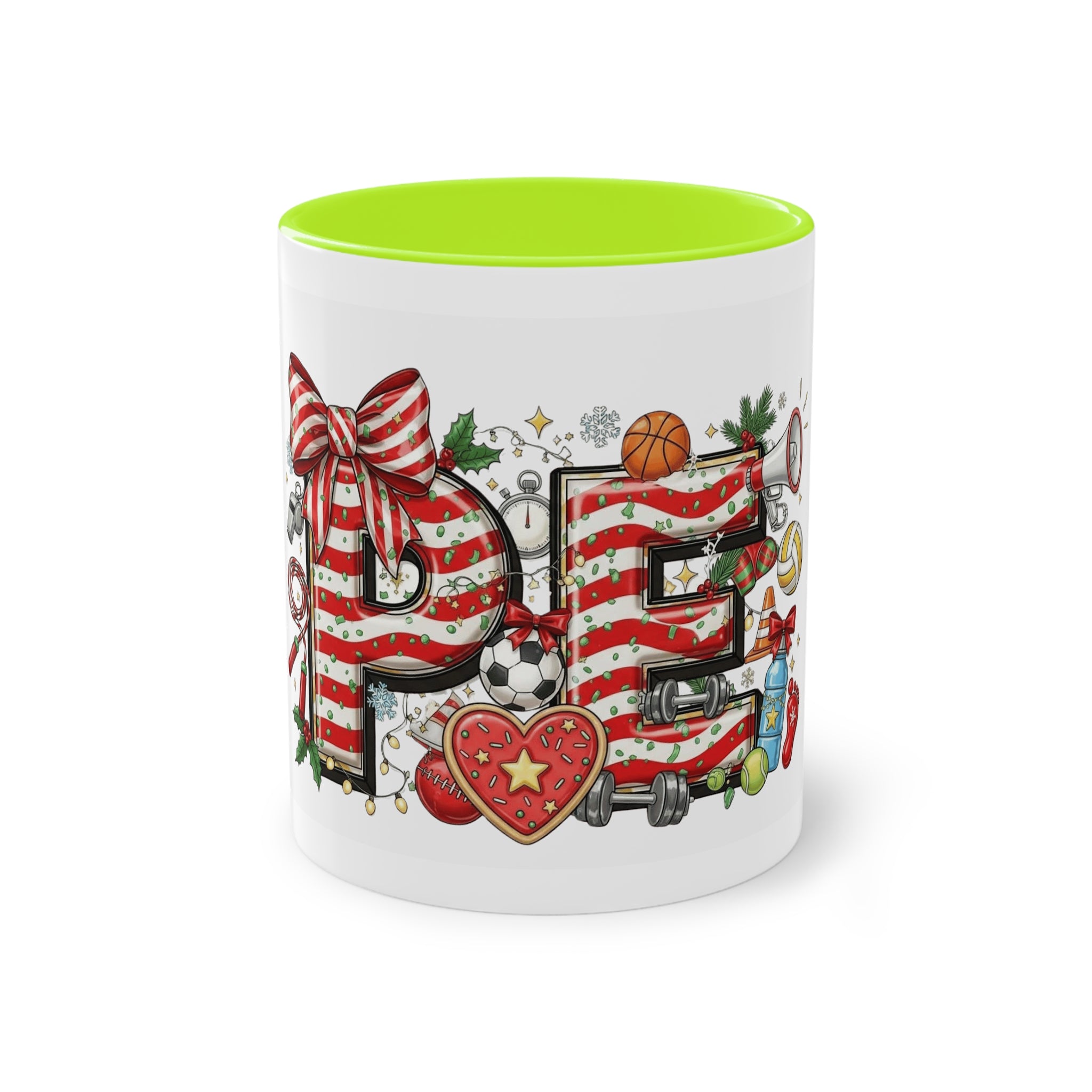 Holiday Sports Mom Coffee Mug Festive 'PE' Candy-Stripe Design, 11oz Two-Tone School Staff Christmas Mug Collection,