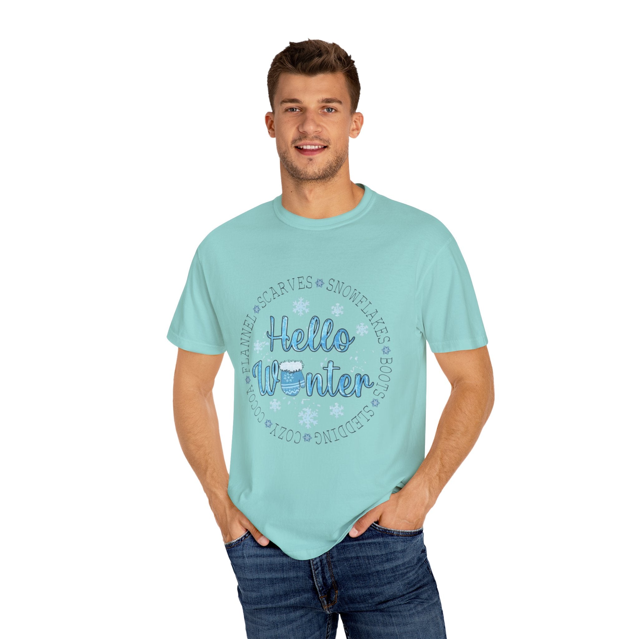 Hello Winter T‑Shirt  Cozy Snowflake Holiday Tee Christmas T-Shirts and Sweatshirts Collection