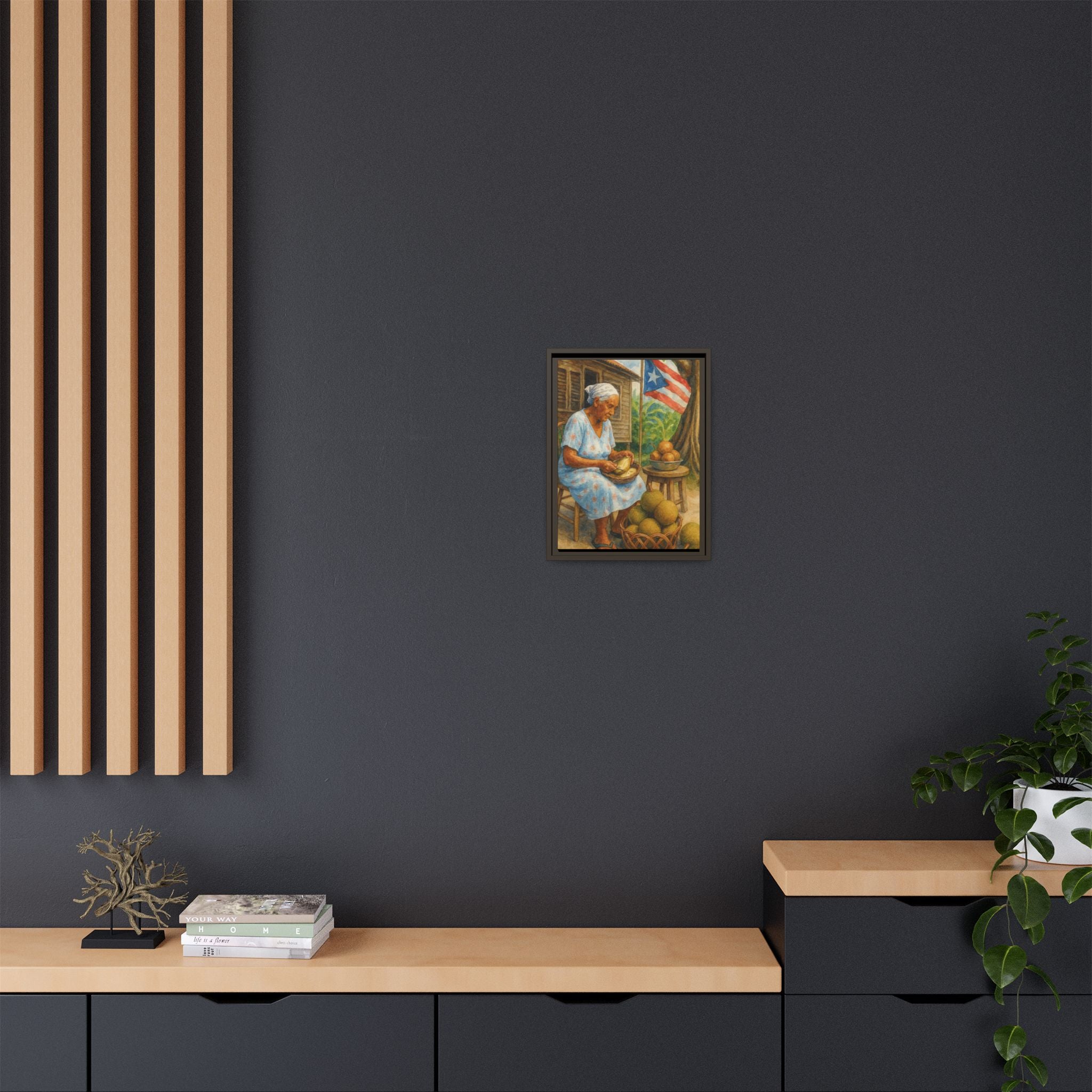 Cultural & Story-Driven These Puerto Rico inspired  Framed Matte Canvas Print  Woman Shelling Fruit Vintage Tropical Painting