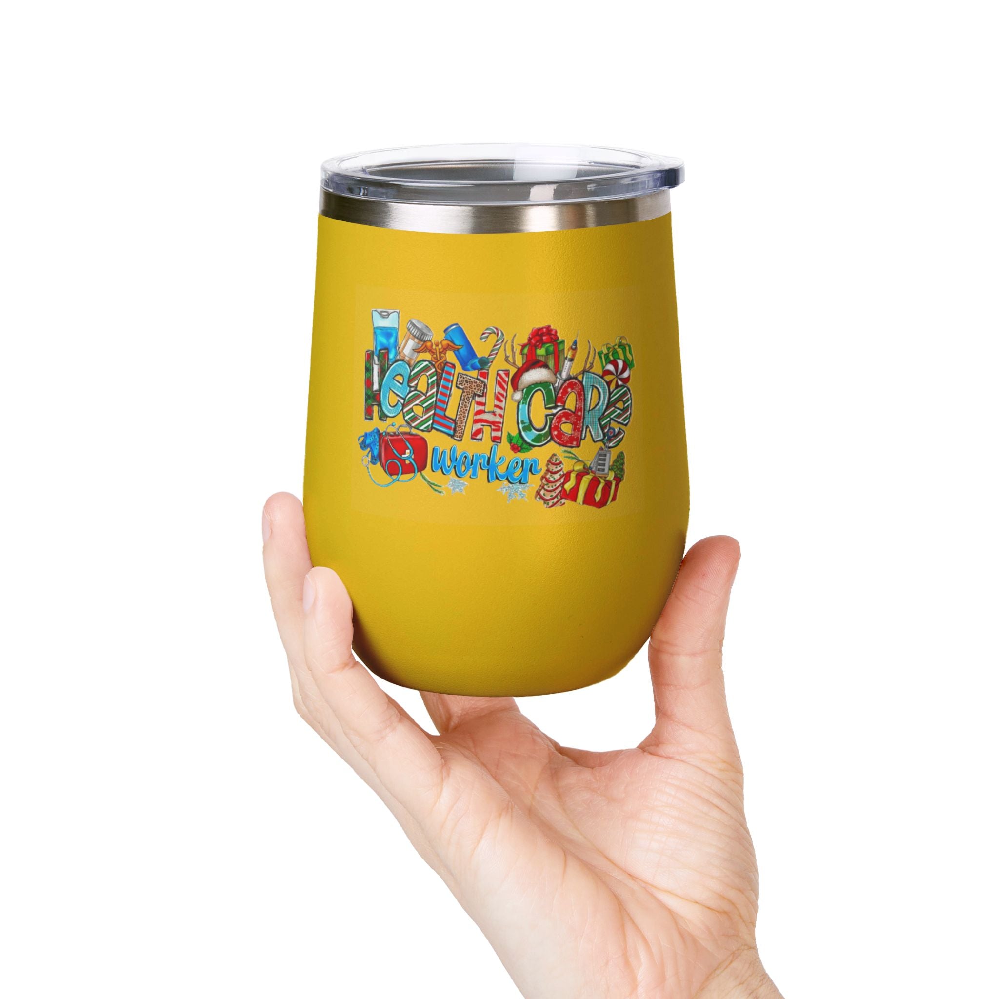 Healthcare Worker 12oz Wine Tumbler — Colorful Holiday Medical Staff Gift Medical Christmas Mug