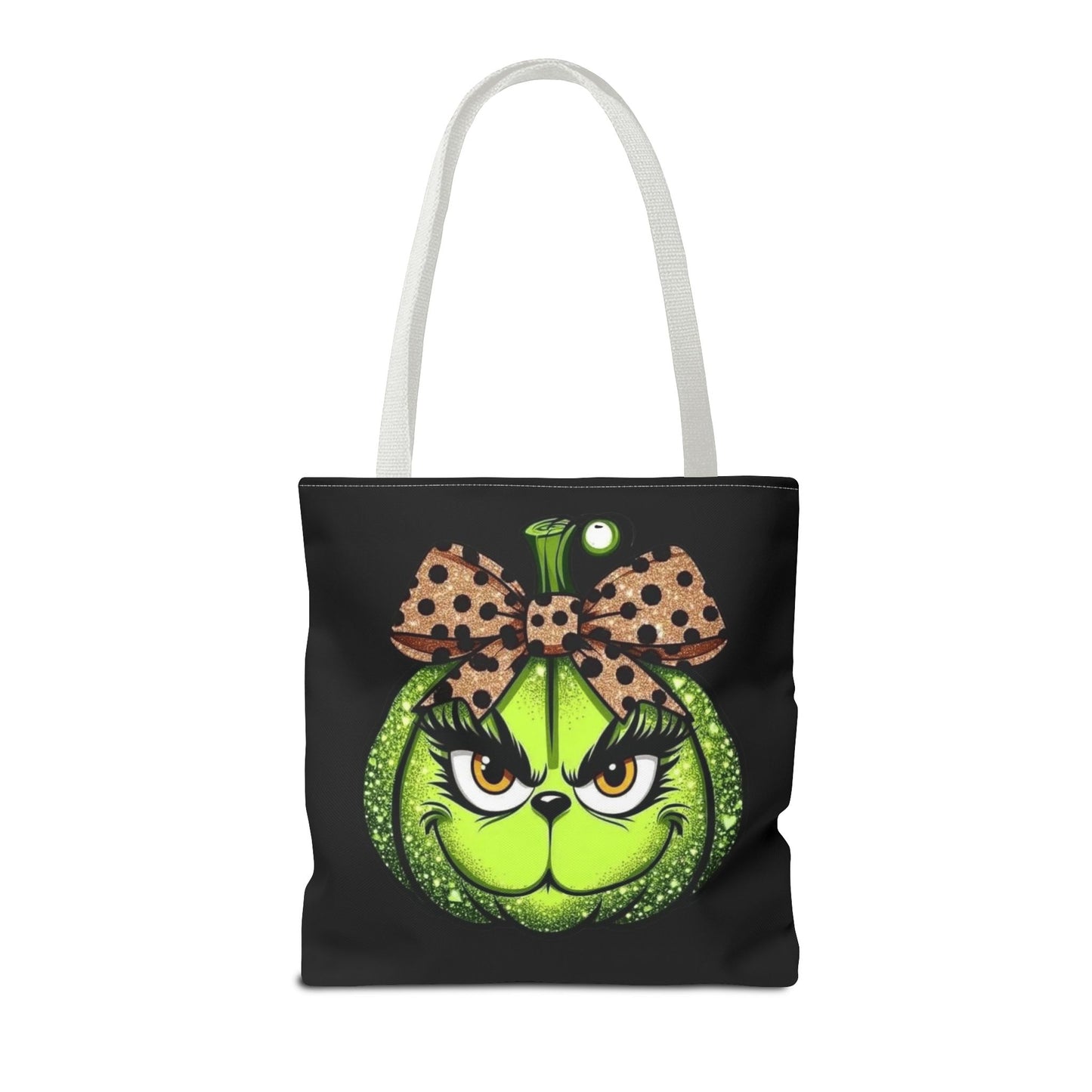 Grinch-Inspired Tote Bag with Polka Dot Bow Christmas Tote Bag Festive Holiday Design