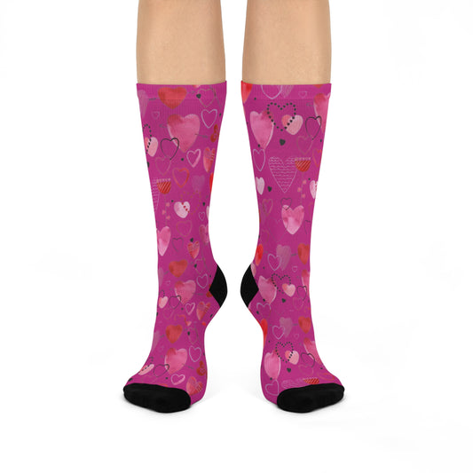 Pink Heart Pattern Cushioned Crew Socks — Valentine’s Day Love Design