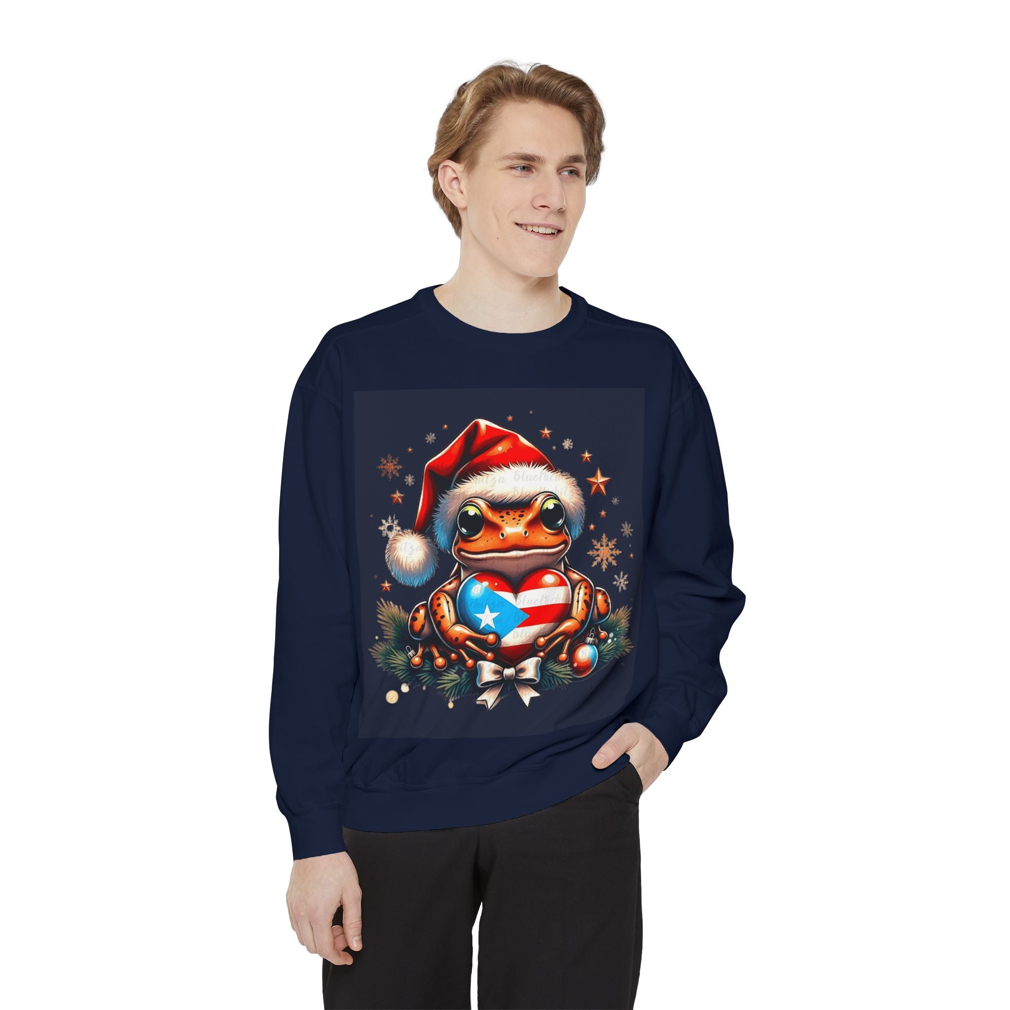 Christmas Coqui Sweatshirt — Cute Santa Frog Holding Ornament Holiday Sweater