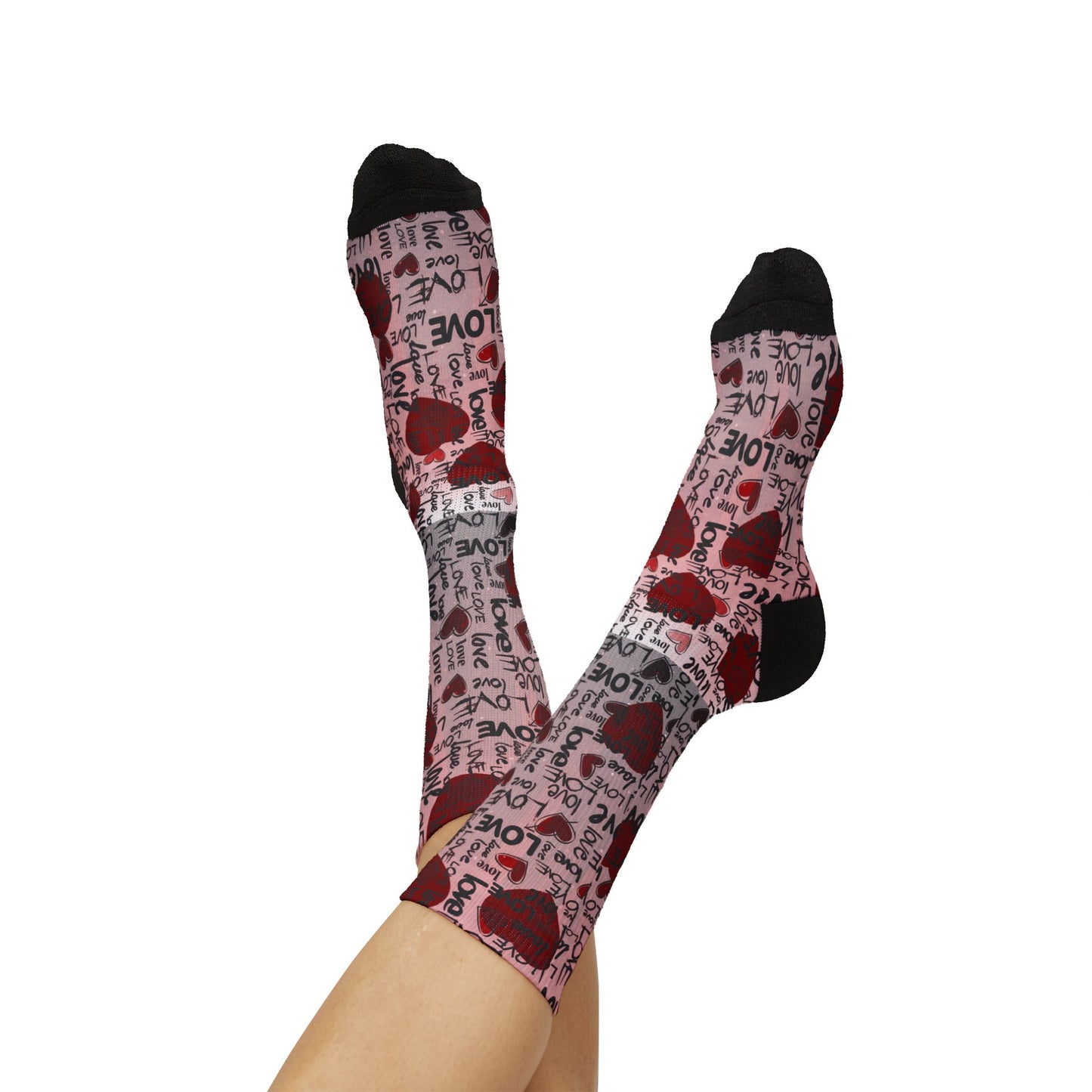 Valentine Heart Sublimation Socks – I Love You Pattern, Red Rose & Script Crew Socks