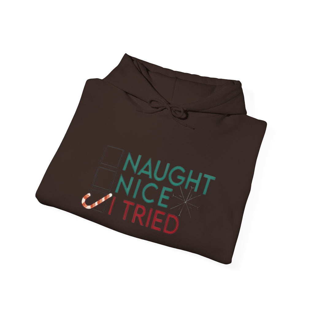 Holiday Hoodie — "Naughty, Nice, I Tried" Funny Christmas Sweatshirt