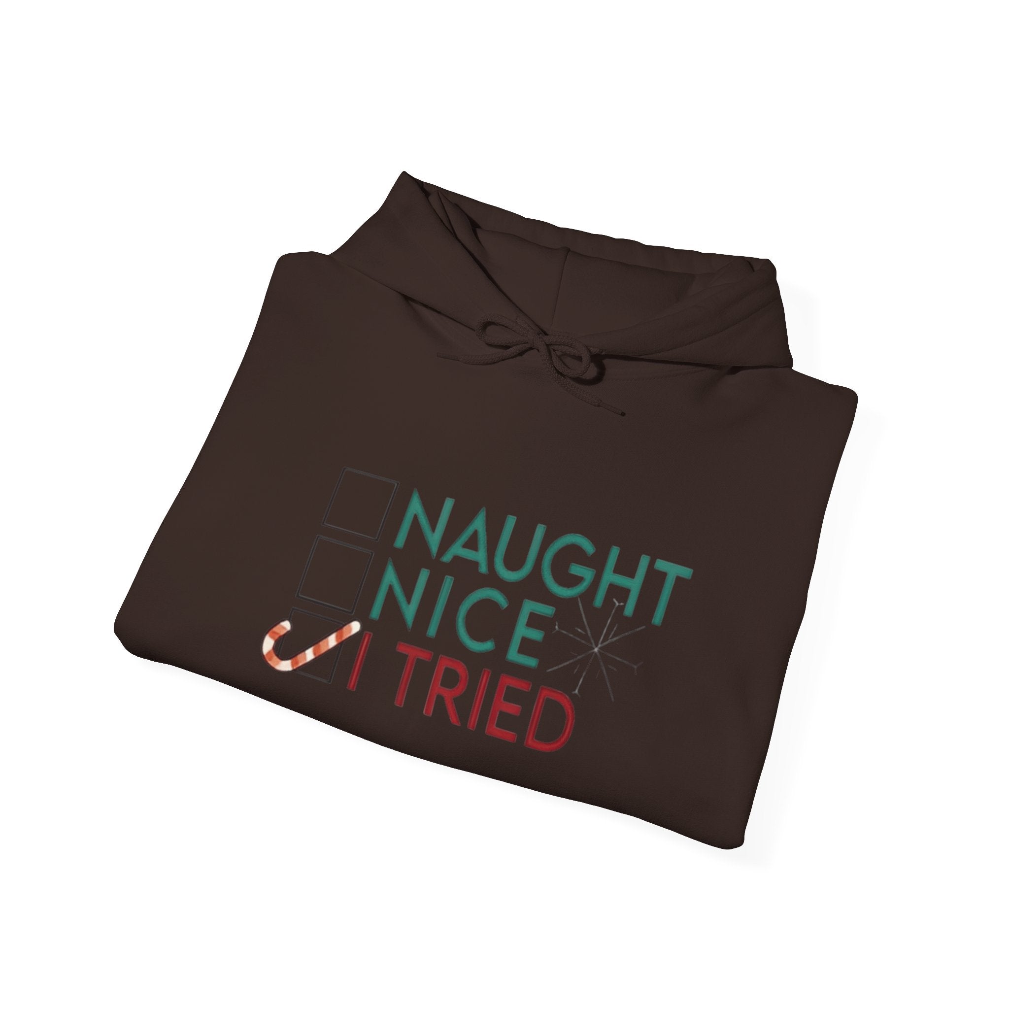 Holiday Hoodie — "Naughty, Nice, I Tried" Funny Christmas Sweatshirt