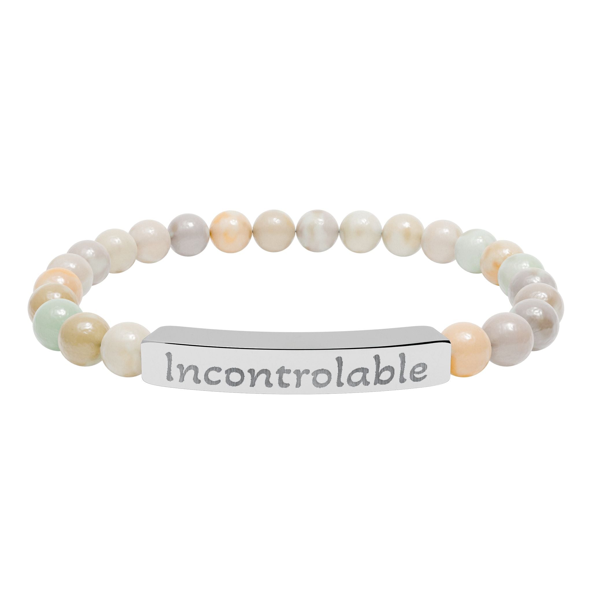 Engraved Natural Stone Stretch Bracelet — 'Incontrolable' Bar Beaded Bracelet