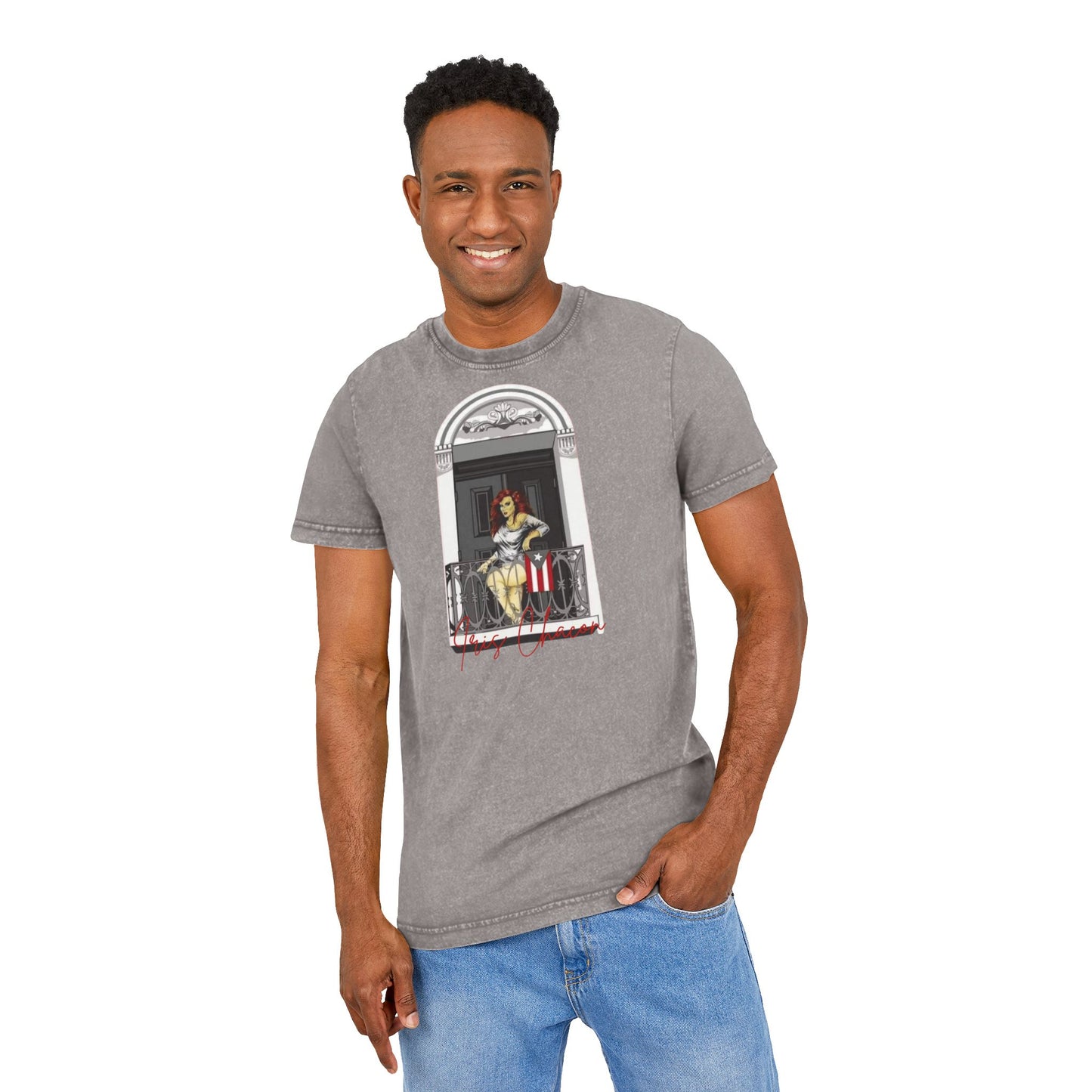 Iris Chacon Orgullo Boricua Chic Acid Washed Tee featuring Balcony Art, Stylish Casual T-Shirt, Graphic Tee for Art Lovers, Cozy Summer Top,