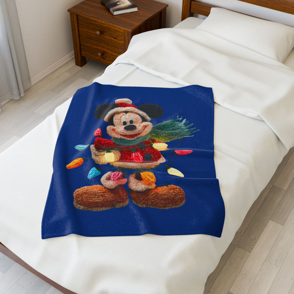 Mickey Mouse Holiday Velveteen Plush Blanket — Festive Lights & Scarf Cozy Throw