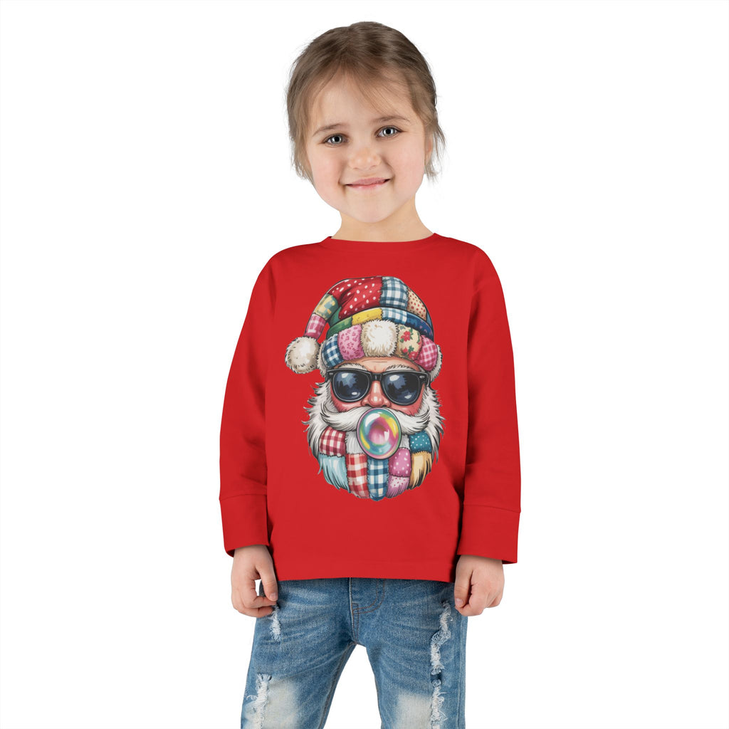 Toddler Long Sleeve Tee  Cool Santa with Patchwork Hat & Bubblegum Graphic