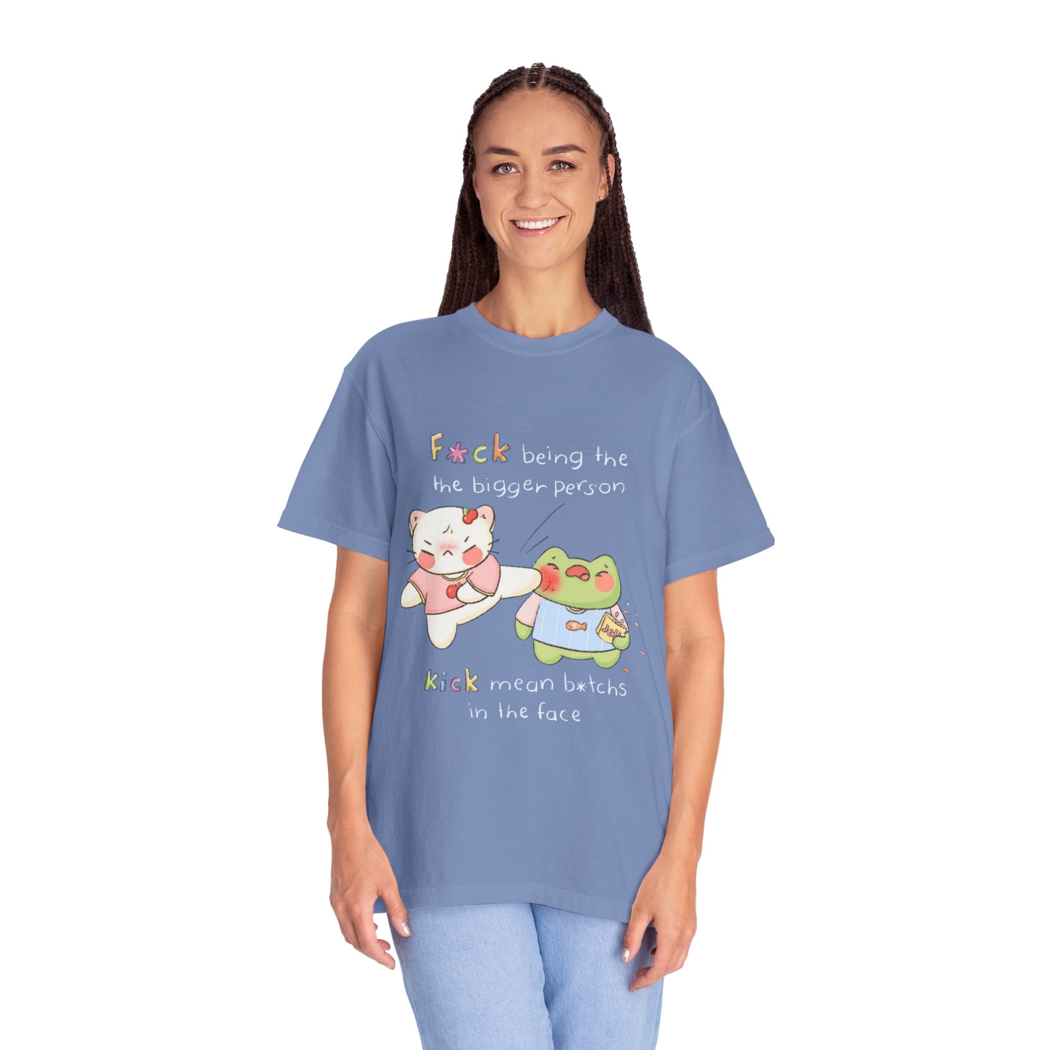 Graphic T-Shirt  Cute Kicking Cat & Frog with 'F*ck Being The Bigger Person' Slogan