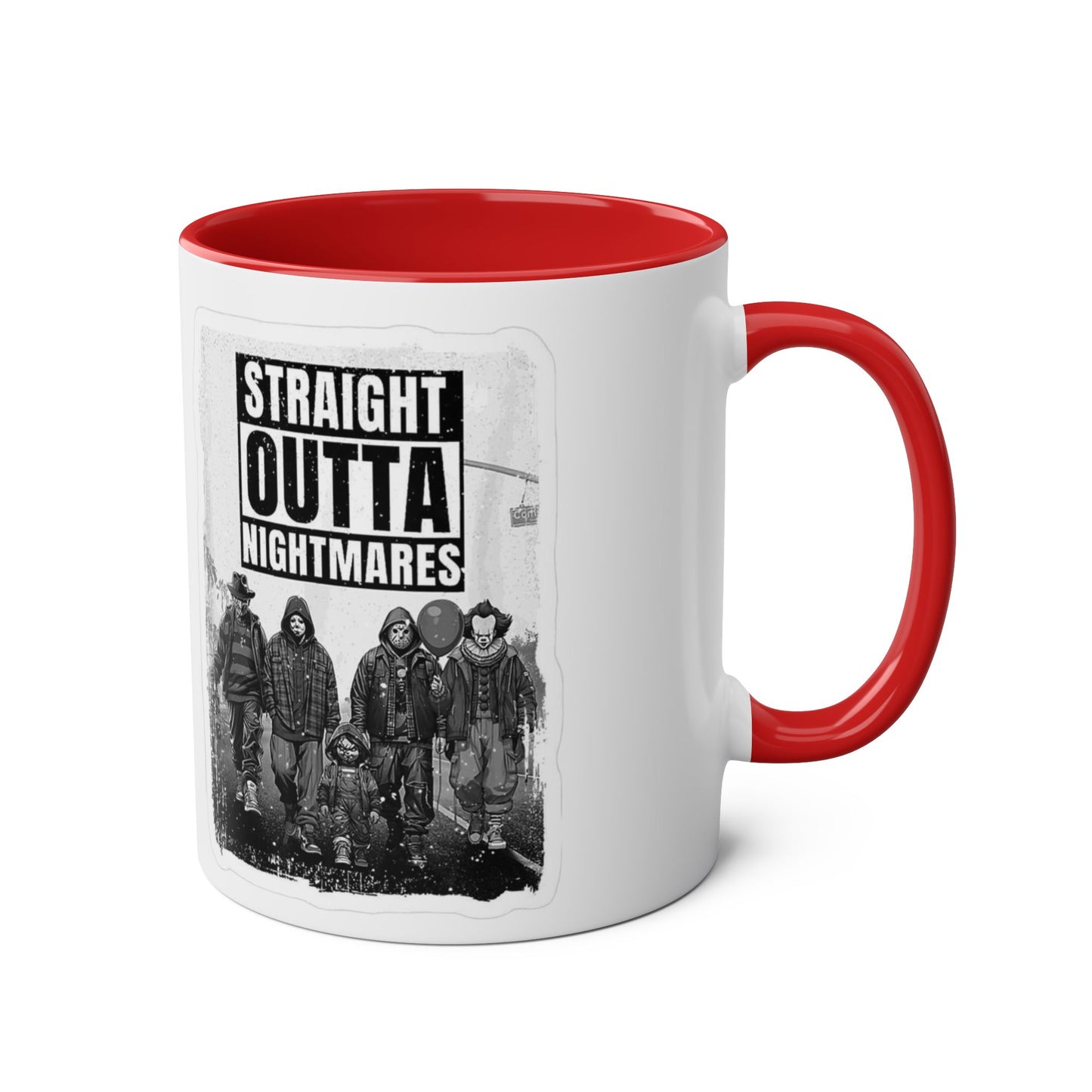 Straight Outta Nightmares Two-Tone Coffee Mug, Unique Gift for Halloween, Fun Office Decor, Red Handle Mug, Collectible Coffee Cup