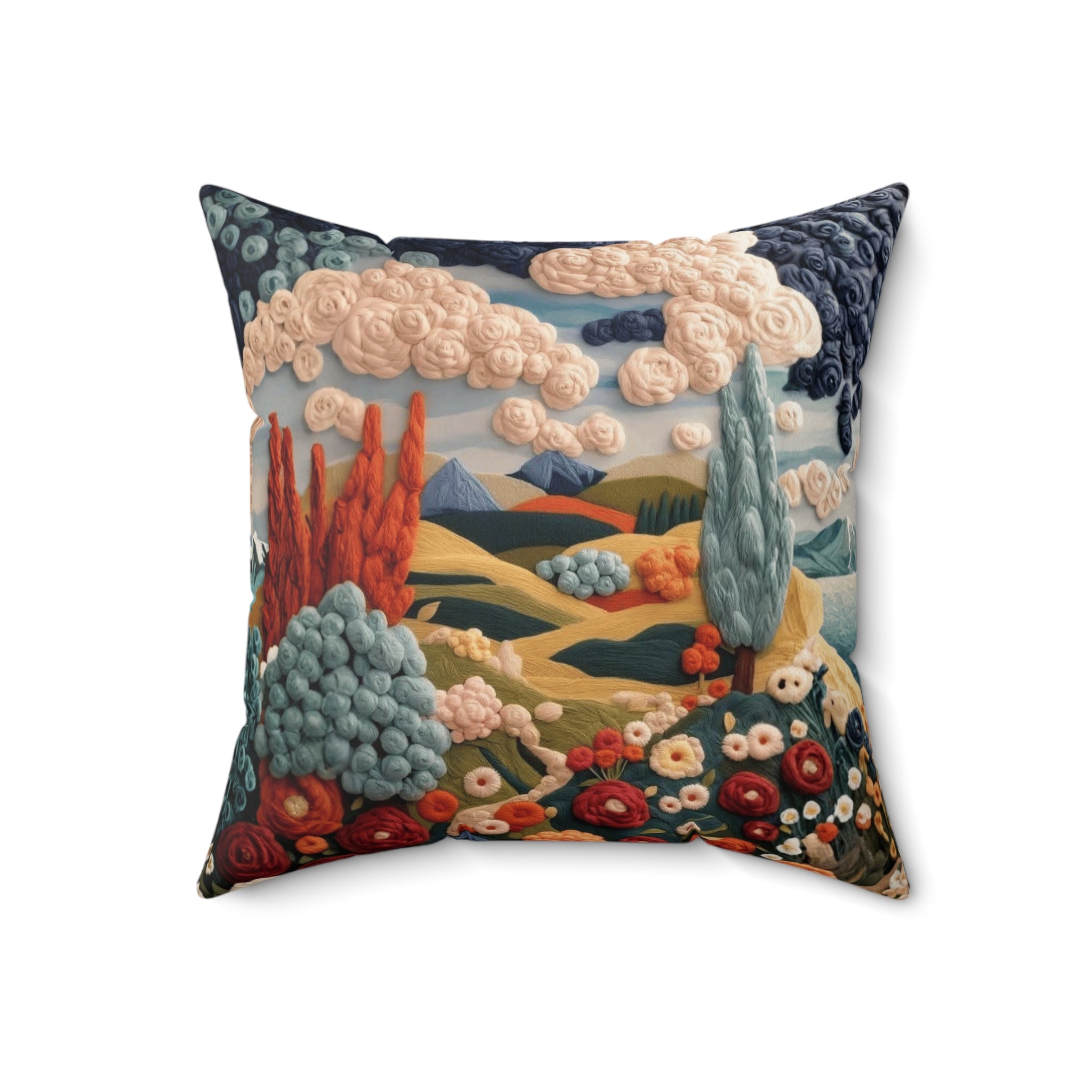Embroidered Landscape Throw Pillow — Cozy Cottagecore Decorative Accent