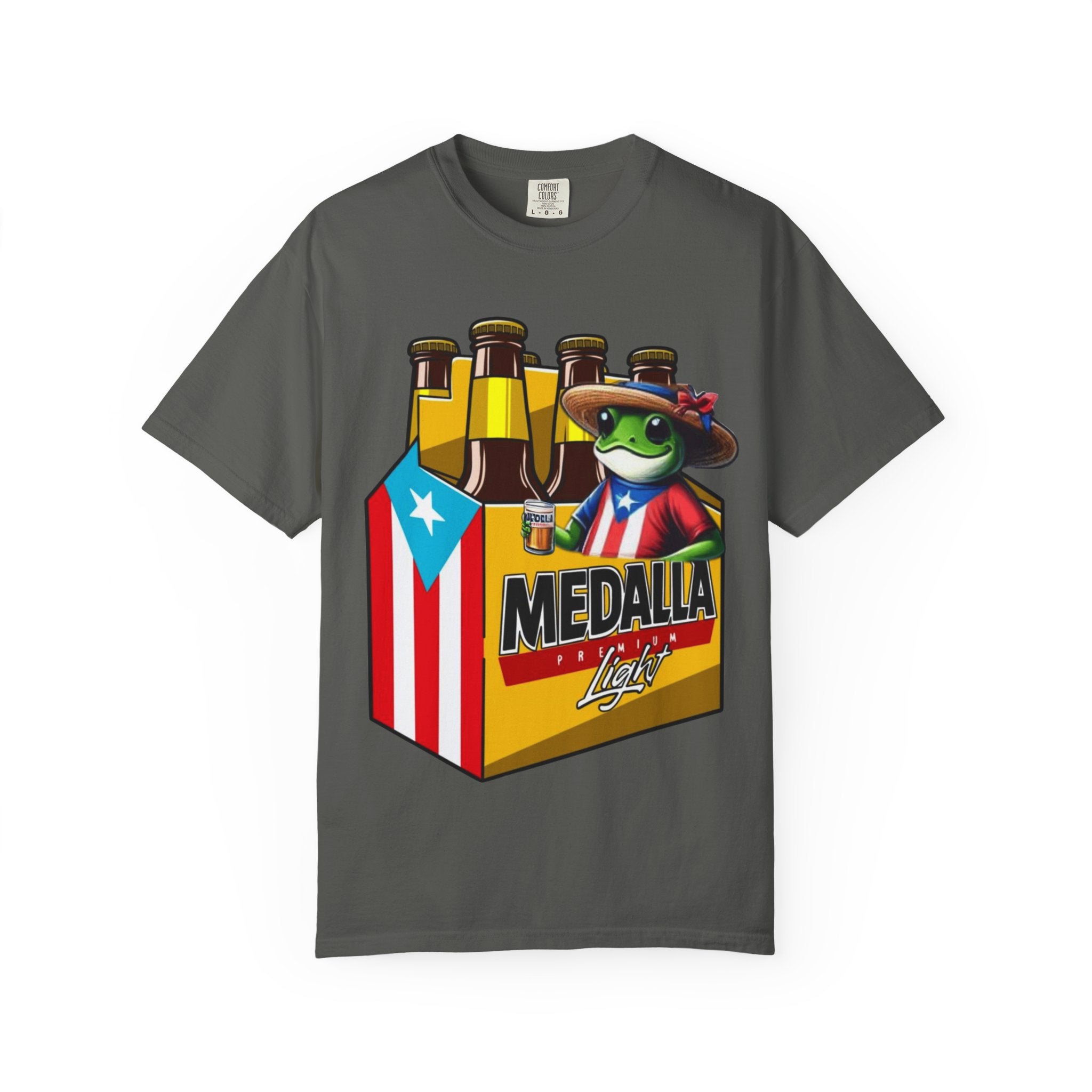 Medalla Light Puerto Rican Beer T-Shirt Coqui Frog Mascot Six-Pack Graphic Tee Puerto Rico’s Navidades