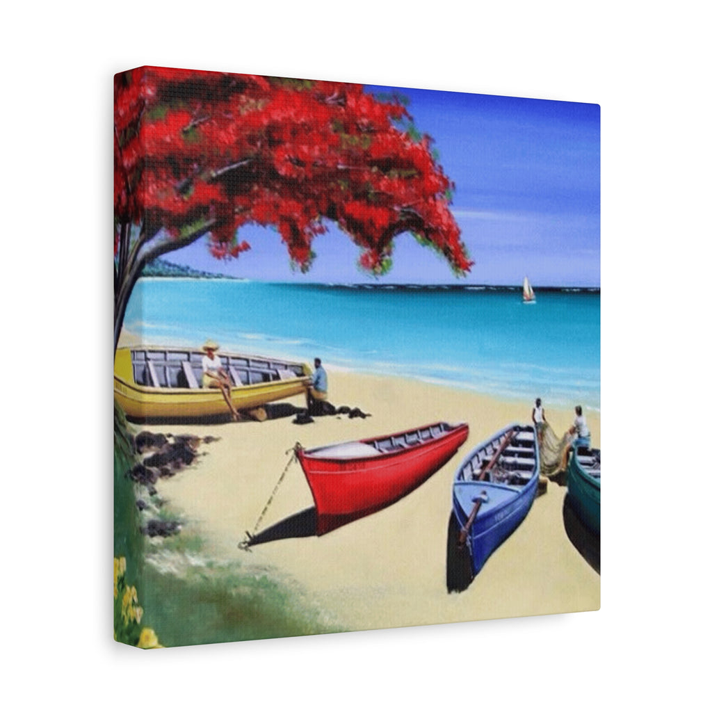 Beach Canoes Canvas Wall Art Tropical Seaside Landscape Matte Stretched Canvas