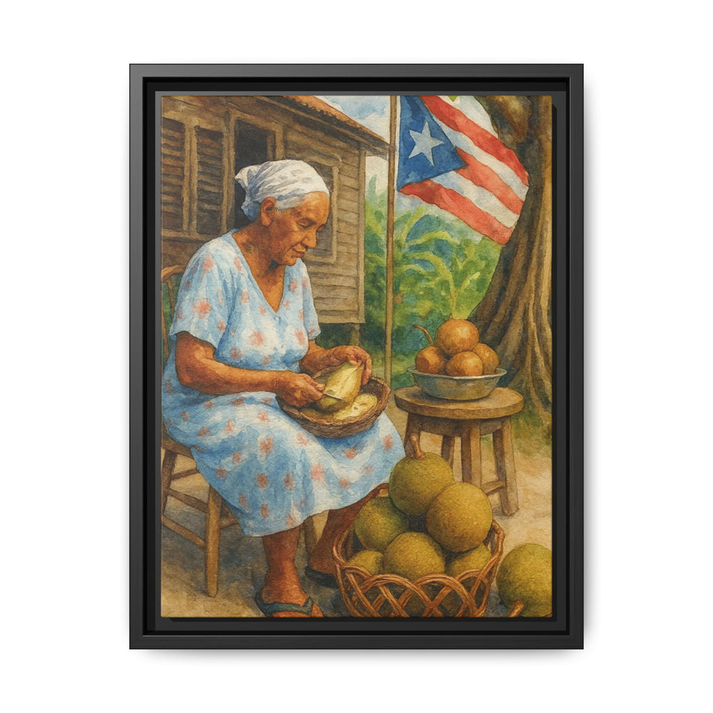 Cultural & Story-Driven These Puerto Rico inspired  Framed Matte Canvas Print  Woman Shelling Fruit Vintage Tropical Painting