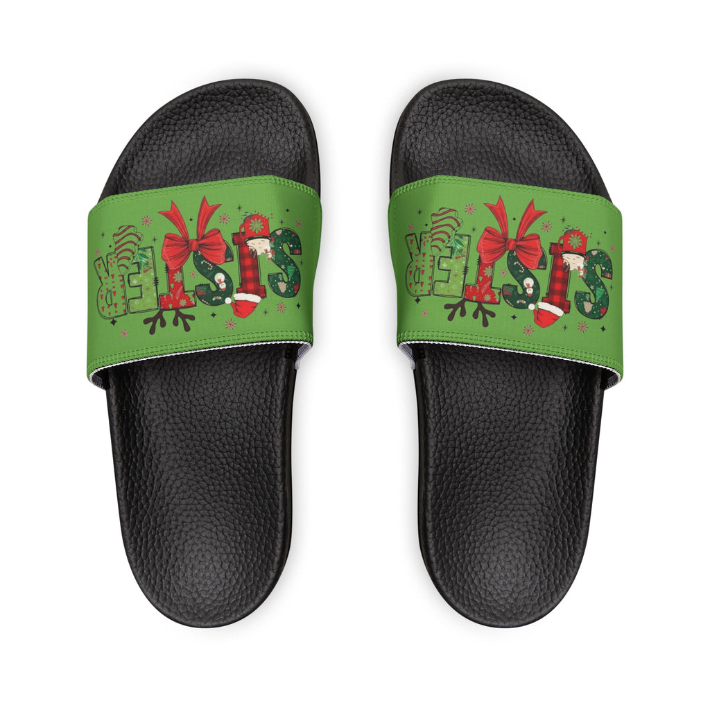 Sister Women's Holiday Slide Sandals — Green 'Joy' Gift Bow Design