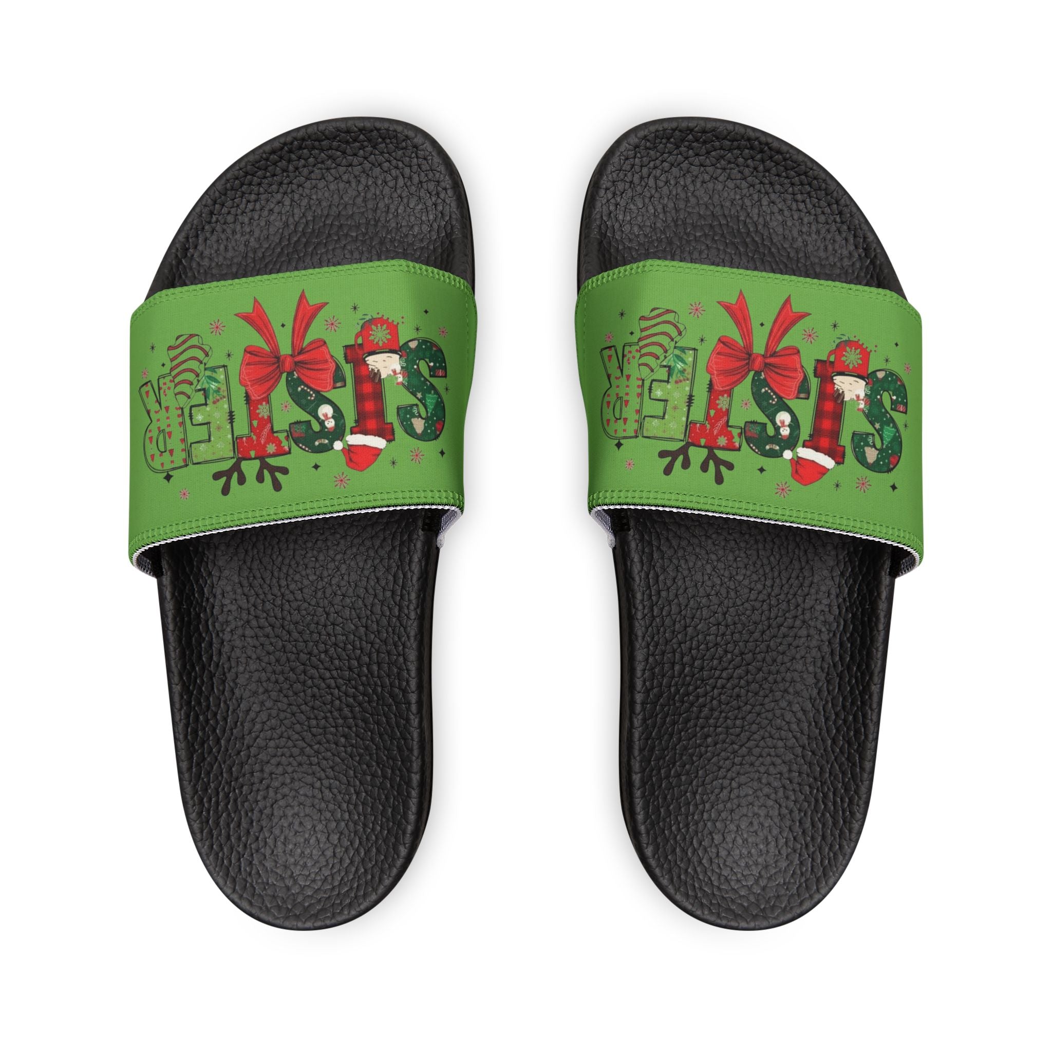 Sister Women's Holiday Slide Sandals — Green 'Joy' Gift Bow Design