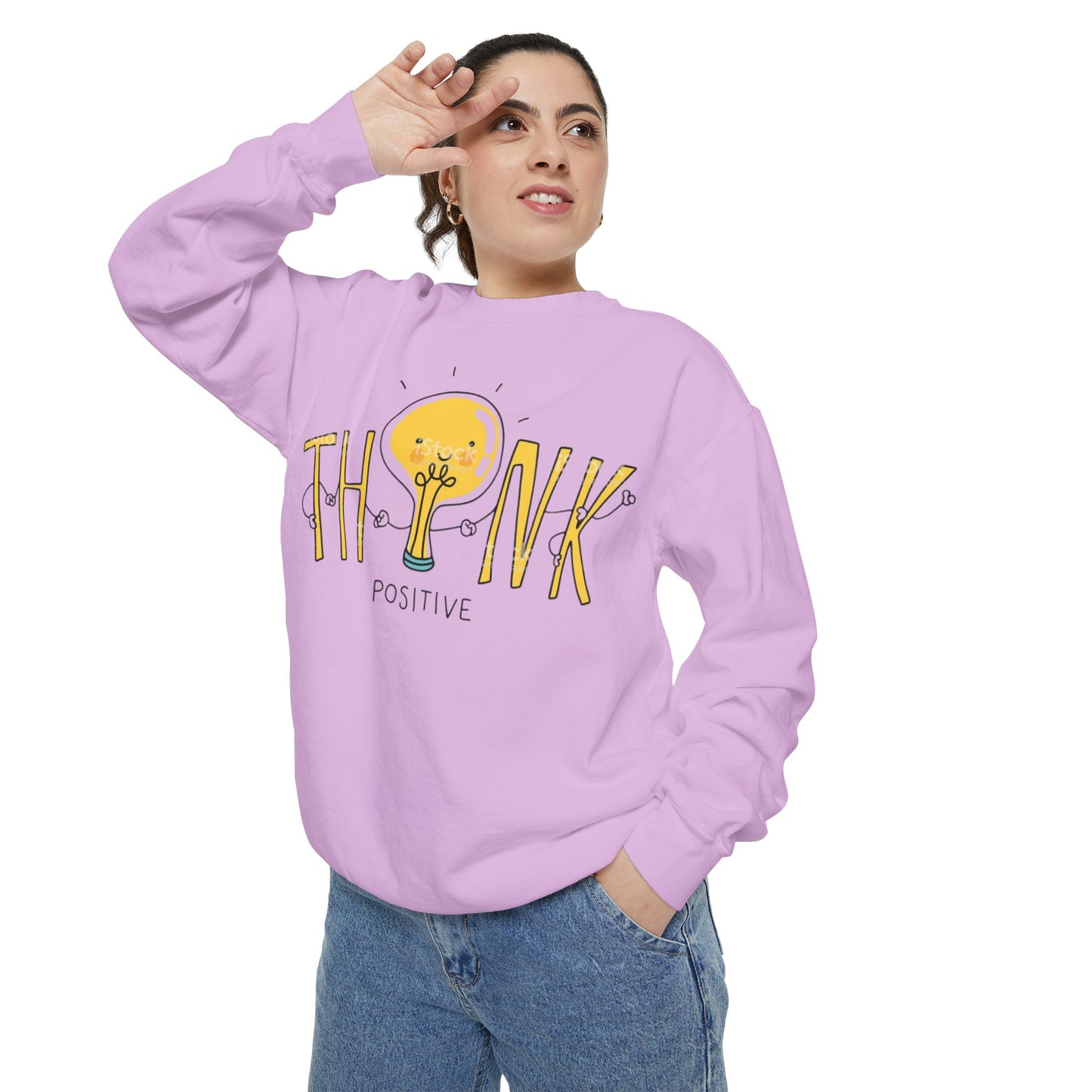 Think Positive Sweatshirt  Cute Lightbulb Graphic Positive Vibes Crewneck