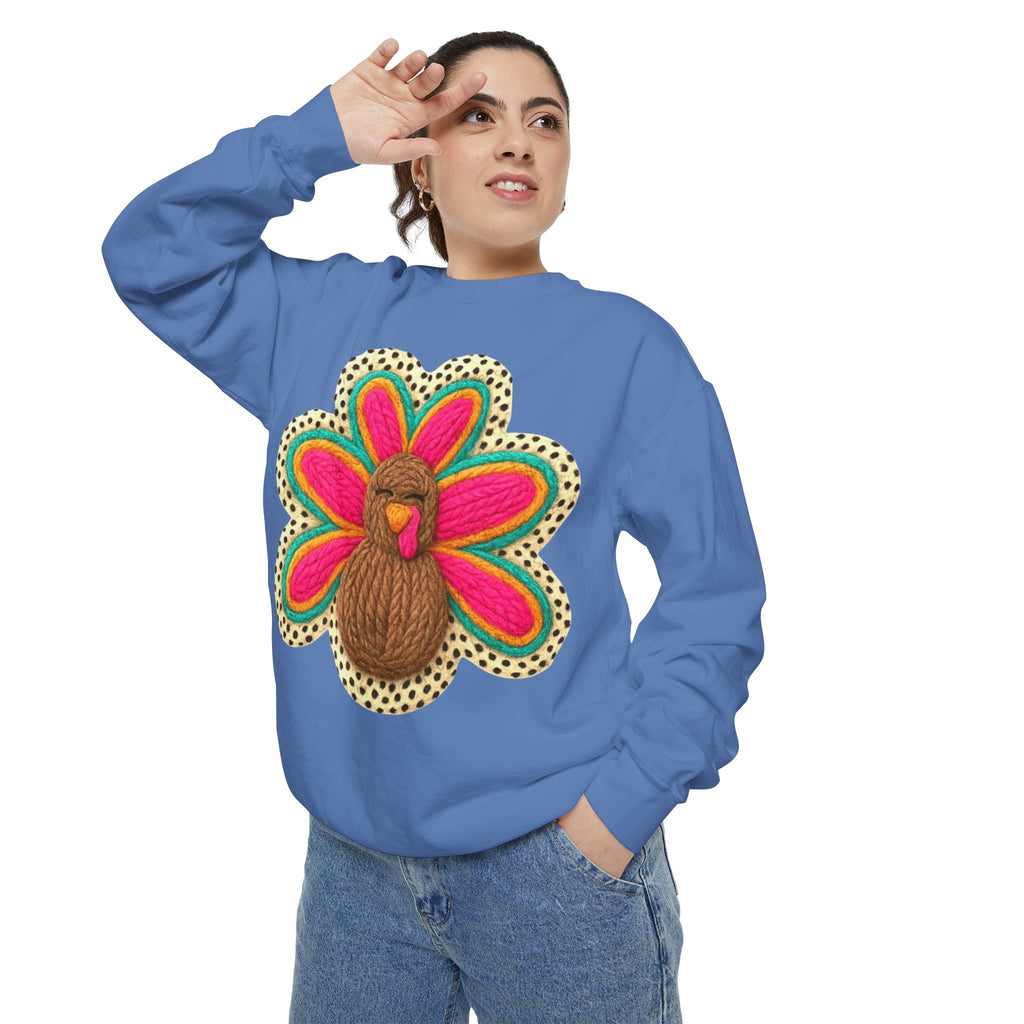 Festive Holiday Designs Turkey Patch Sweatshirt — Colorful Embroidered Thanksgiving Pullover