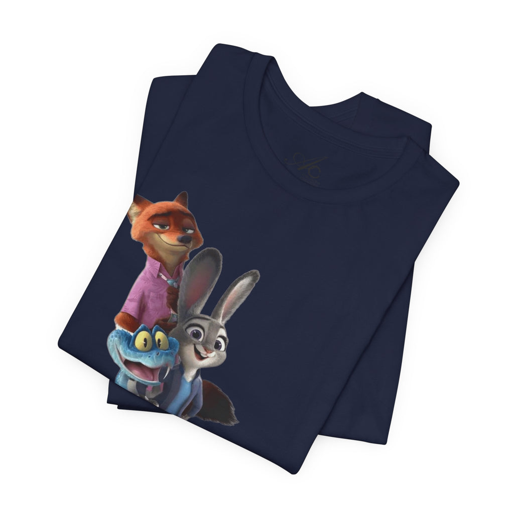 Animated Character Tee — Cute Fox & Bunny Stack Graphic T-Shirt  cartoon-style Christmas artwork