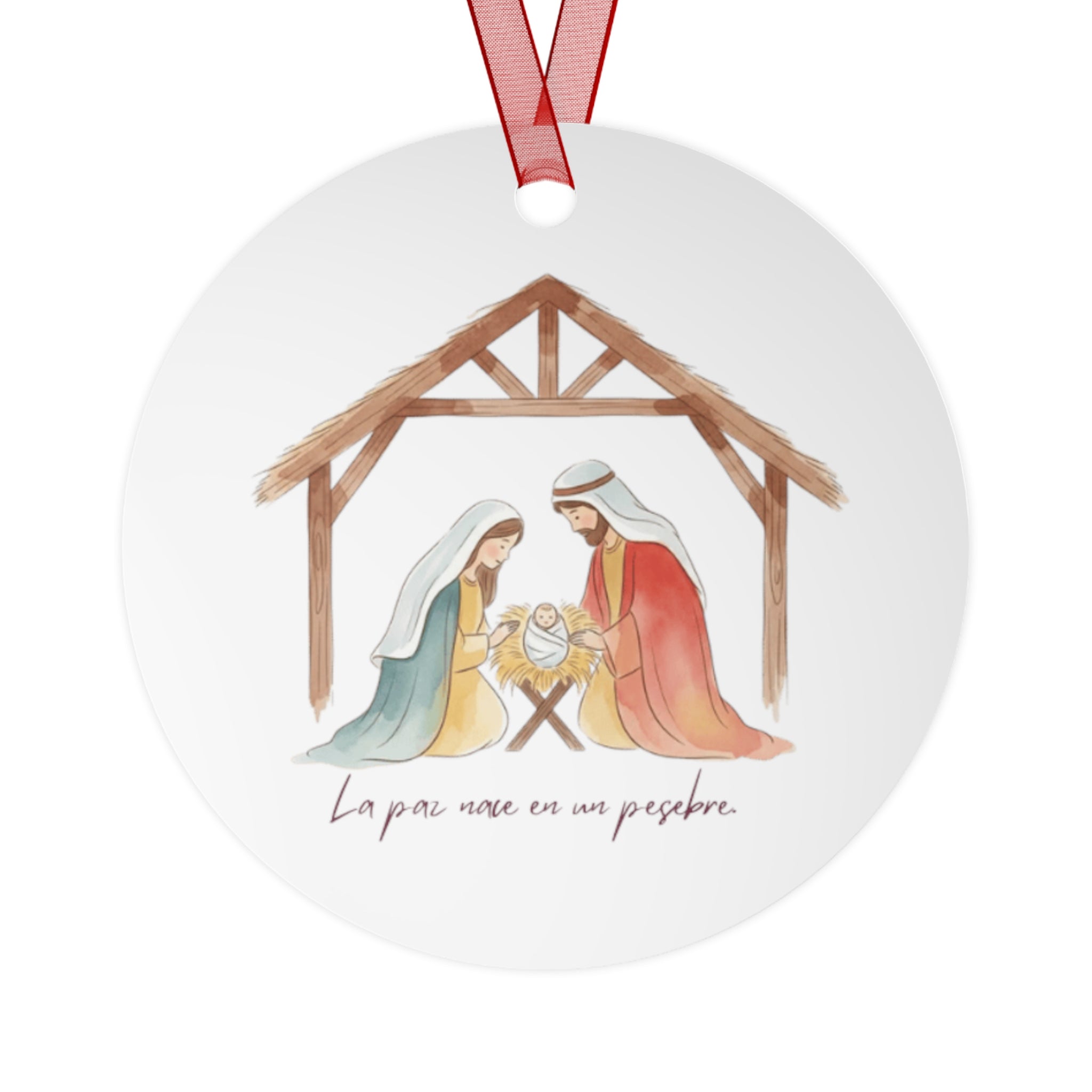 Nativity Metal Ornament — "La paz nace en un pesebre" Christmas Decoration