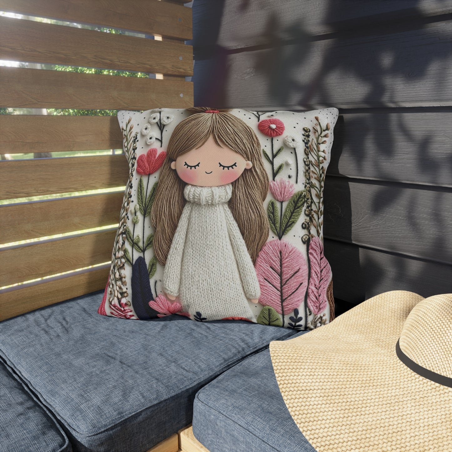 Cute Girl Floral Outdoor Pillow — Whimsical Garden Accent Cushion