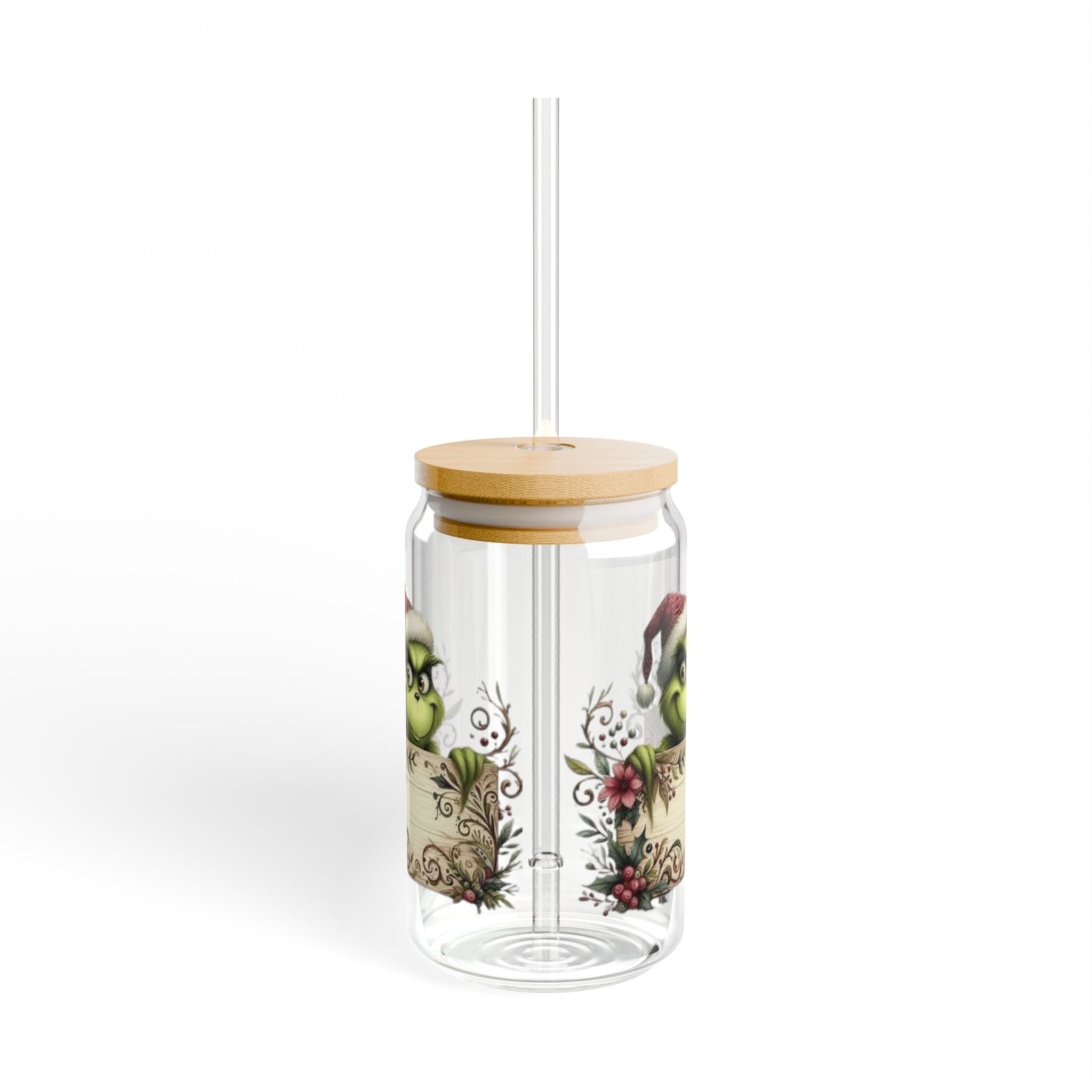 Christmas Design Whimsical Grinch Sipper Glass - 16oz with Bamboo Lid