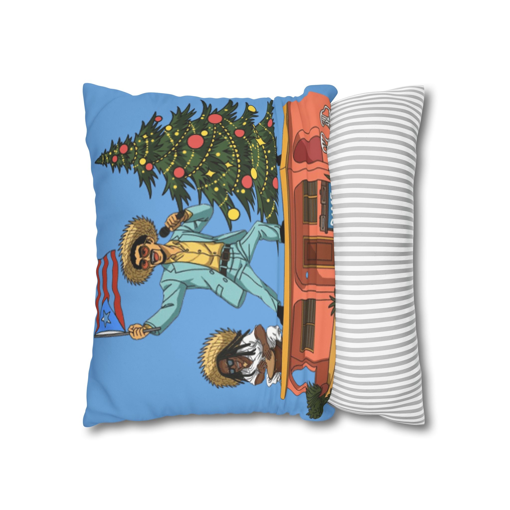 Holiday Vibes Pillow — Festive Duo Singing on Rooftop Christmas Throw Pillow Puerto Rico Culture Pillow