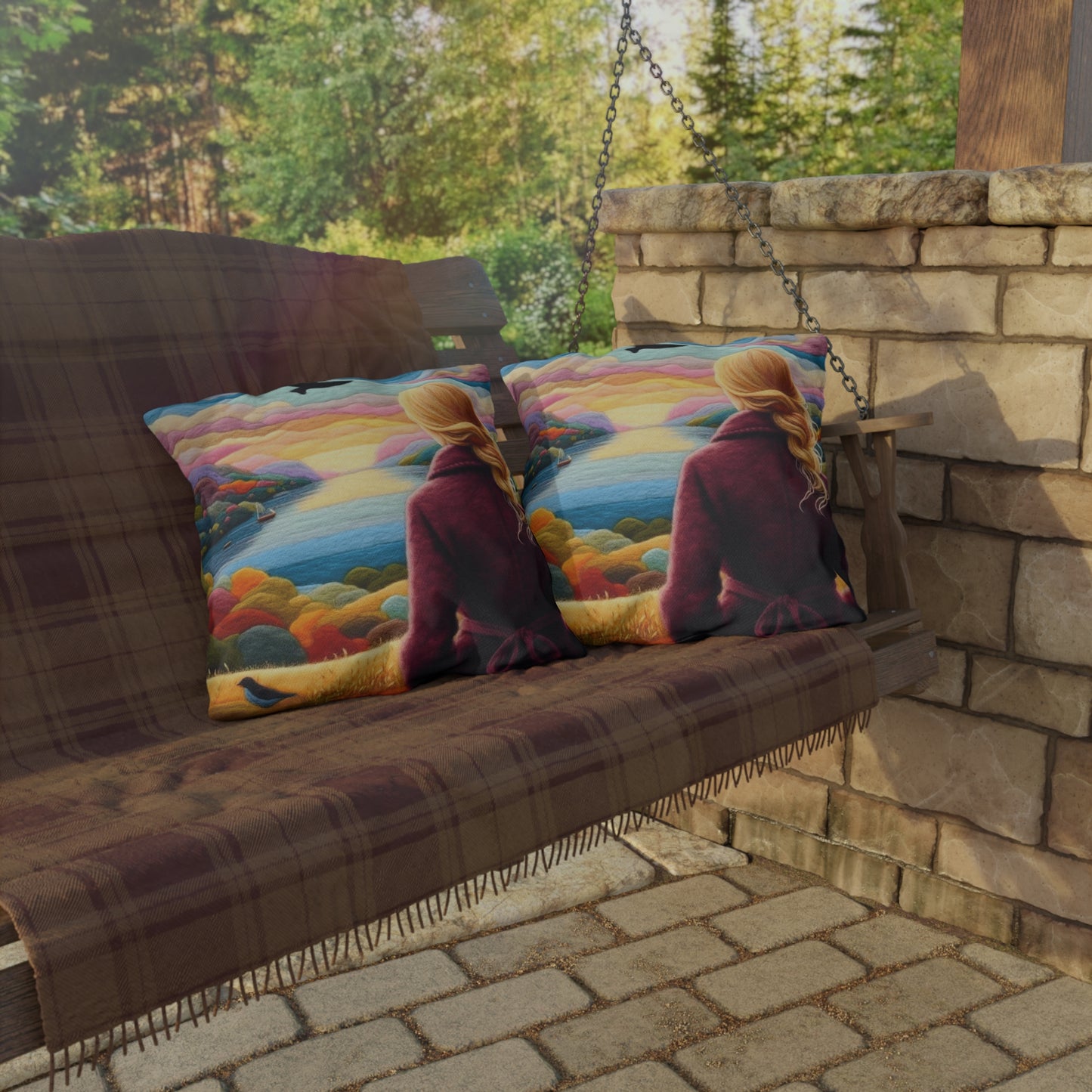 Scenic Lakeview Outdoor Pillow — Woman Overlooking Colorful Sunset Landscape