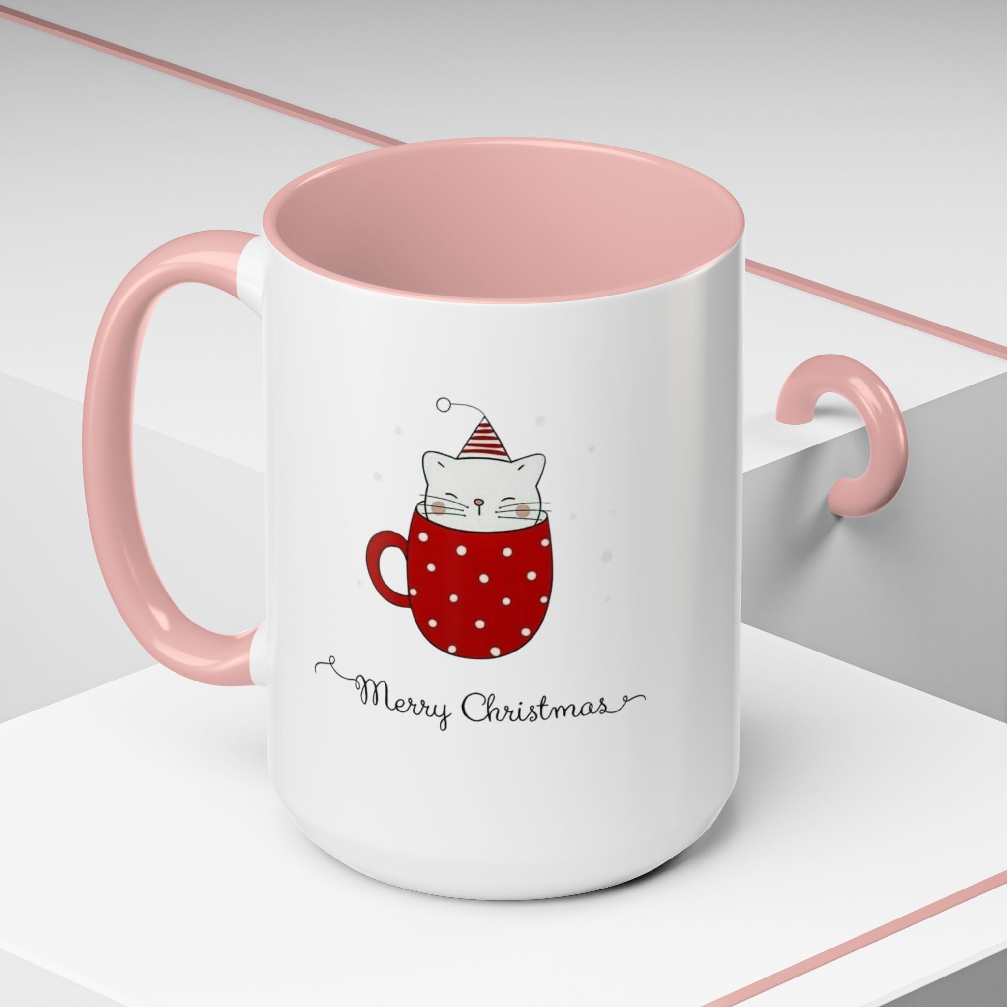 Christmas Cat Accent Mug "Merry Christmas" Polka Dot Holiday Coffee Cup Christmas Mugs Collection!