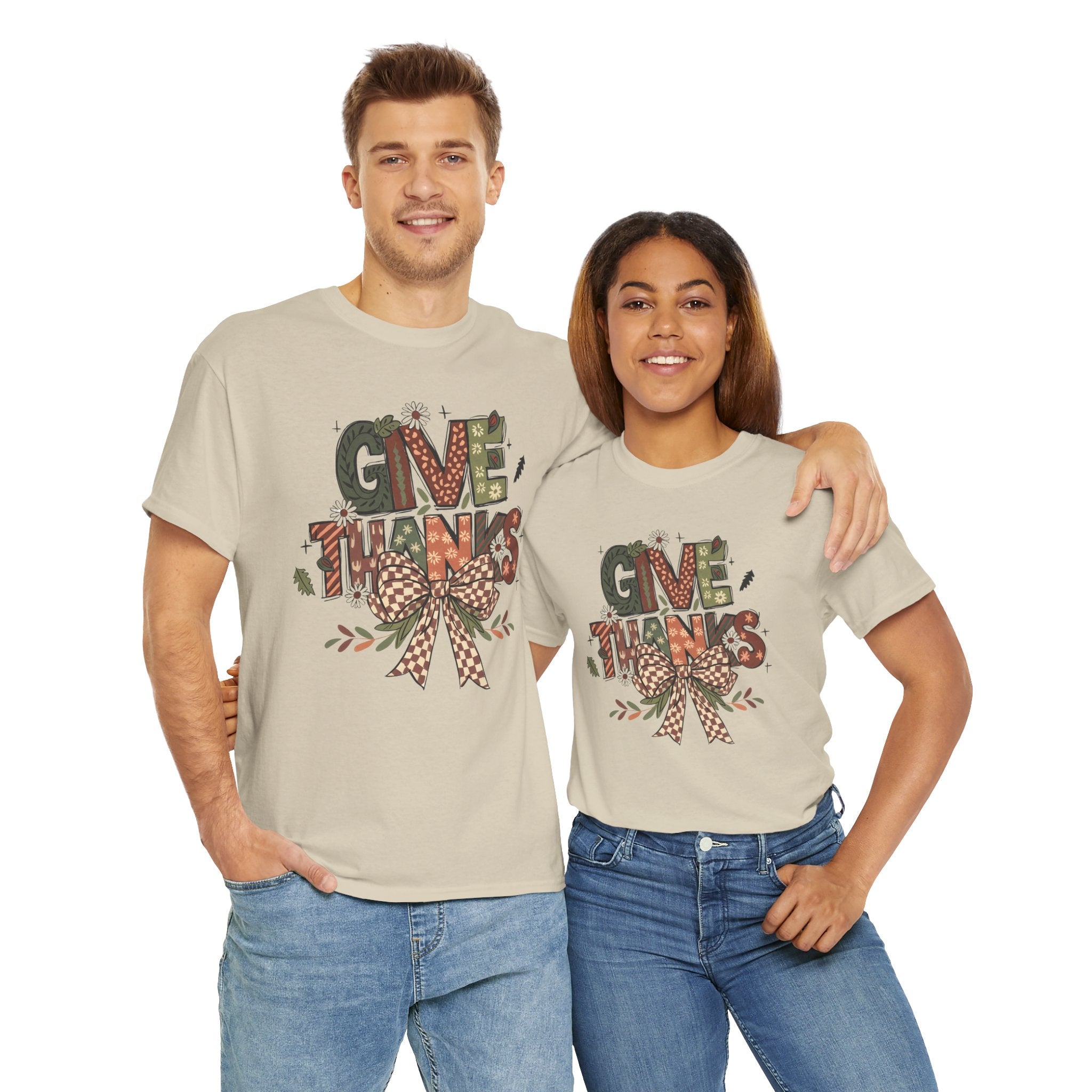 Give Thanks Tee Thanksgiving Graphic T-Shirt with Rustic Bow Design