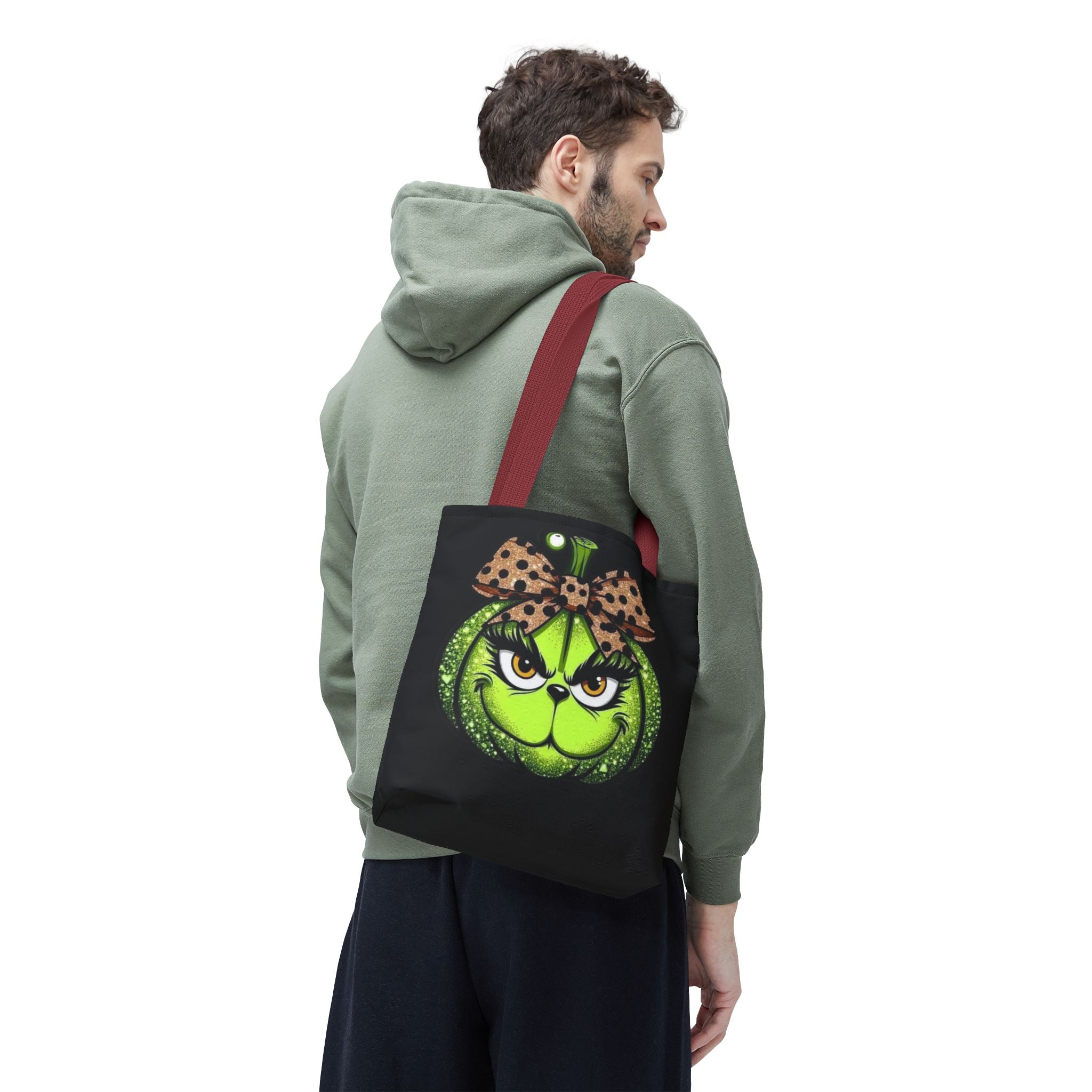 Grinch-Inspired Tote Bag with Polka Dot Bow Christmas Tote Bag Festive Holiday Design