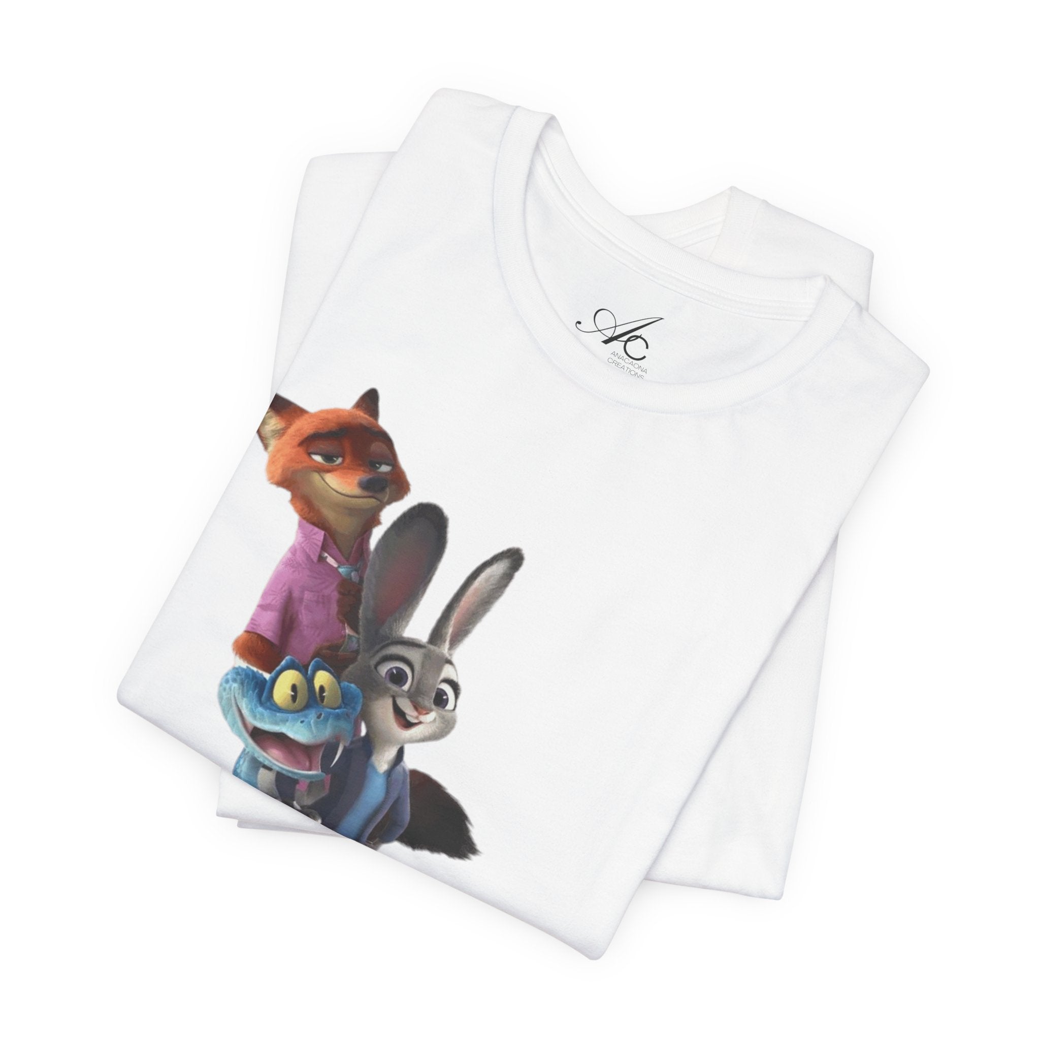 Animated Character Tee — Cute Fox & Bunny Stack Graphic T-Shirt  cartoon-style Christmas artwork