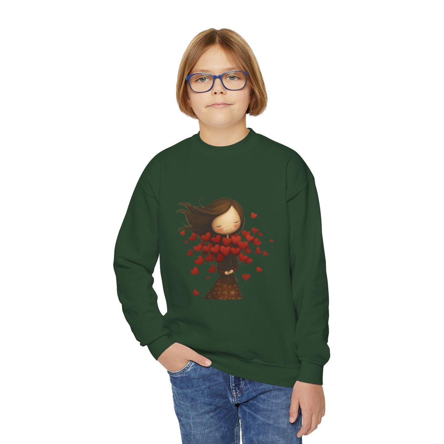 Youth Sweatshirt  Cute Girl with Heart Shower "Love Bug" Crewneck