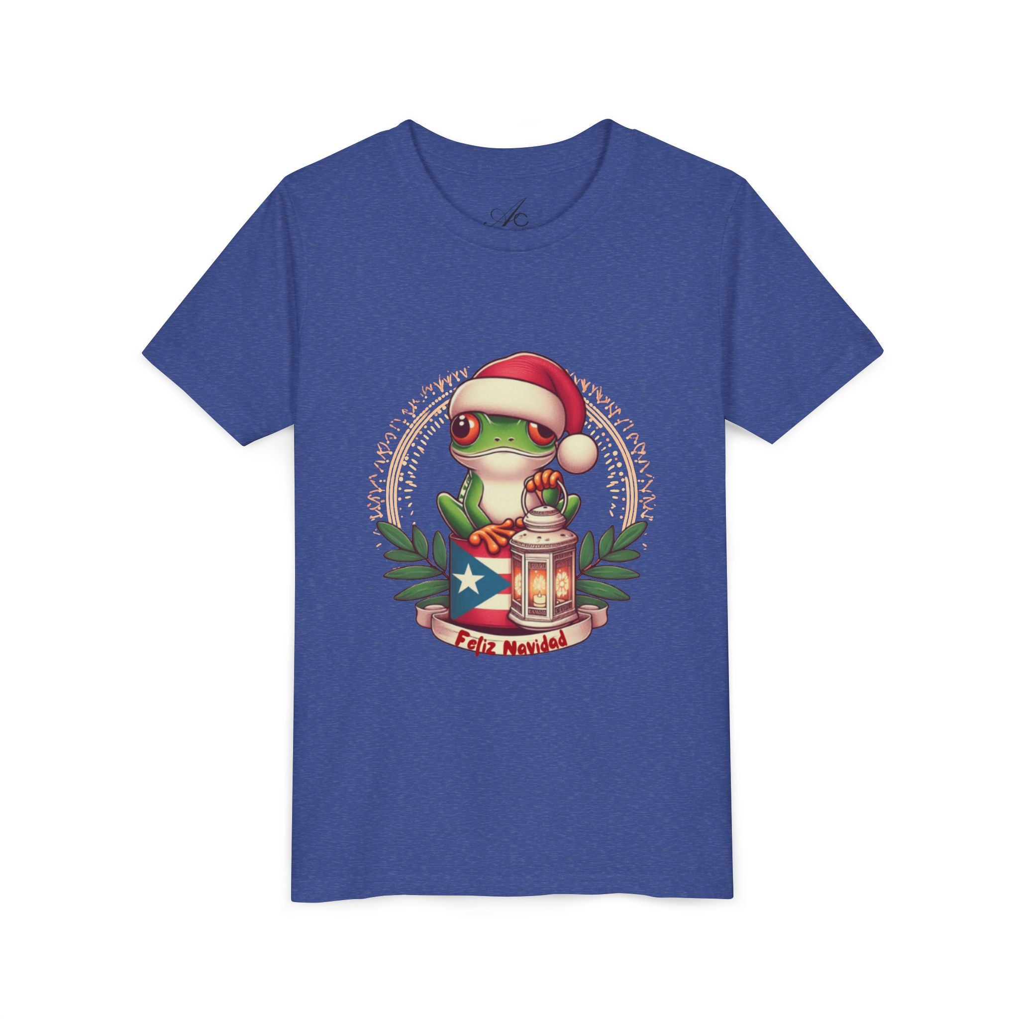 Kids Tee Cute Frog with Puerto Rican Flag & Lantern (Feliz Navidad)