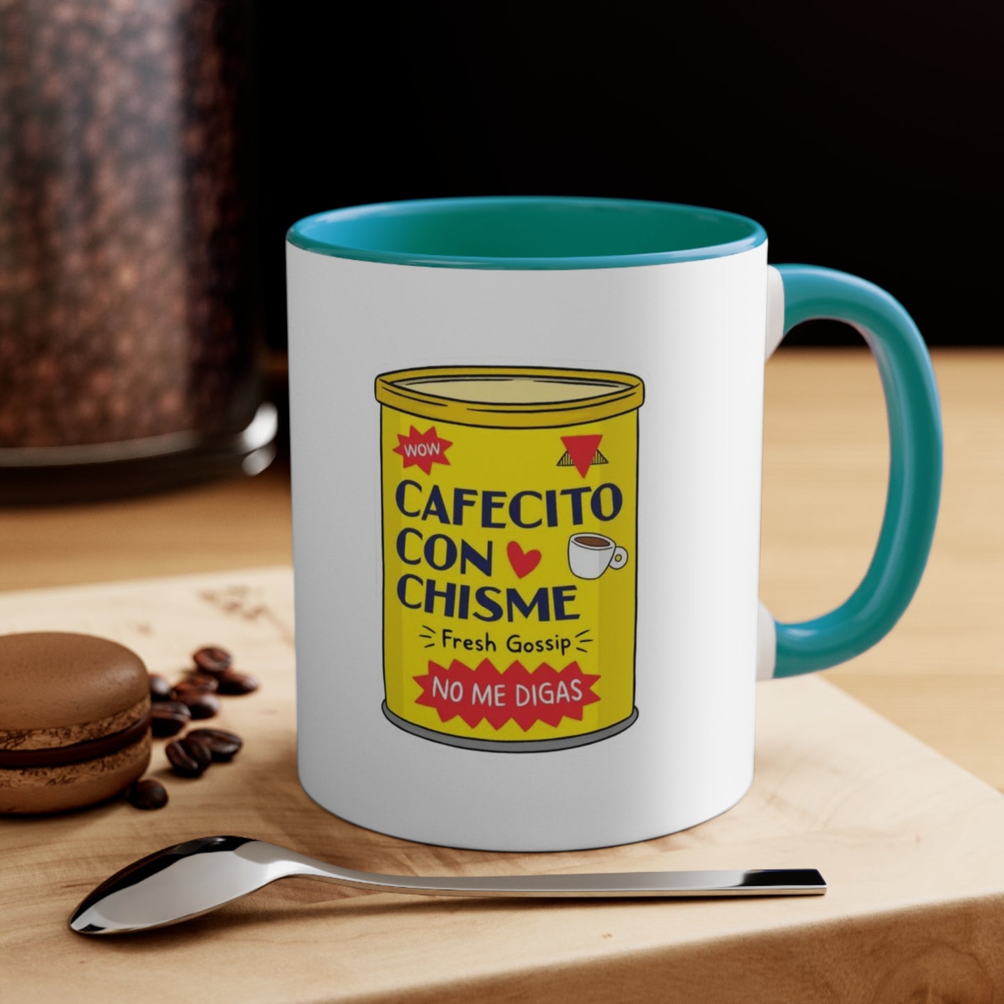 Cafecito Con Chisme Accent Mug, Coffee Lover Gift, Fun Gossip Mug, Red Handle Mug, Unique Kitchen Decor