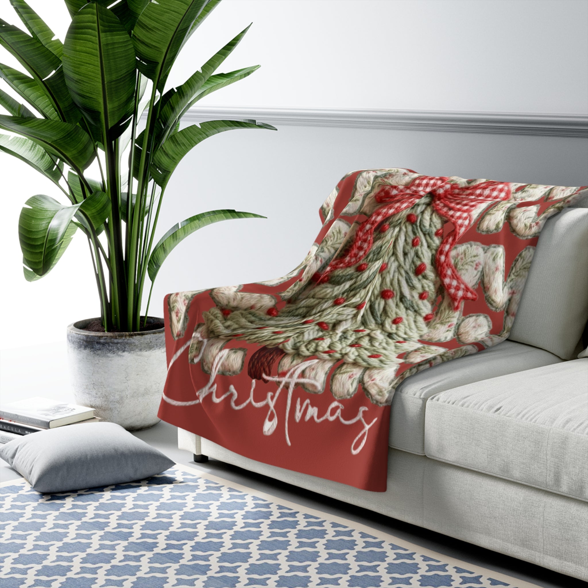 Winter Wonderland Cartoon Fleece Blanket Christmas Sherpa Blanket  'Merry Merry' Knitted Tree Fleece Throw