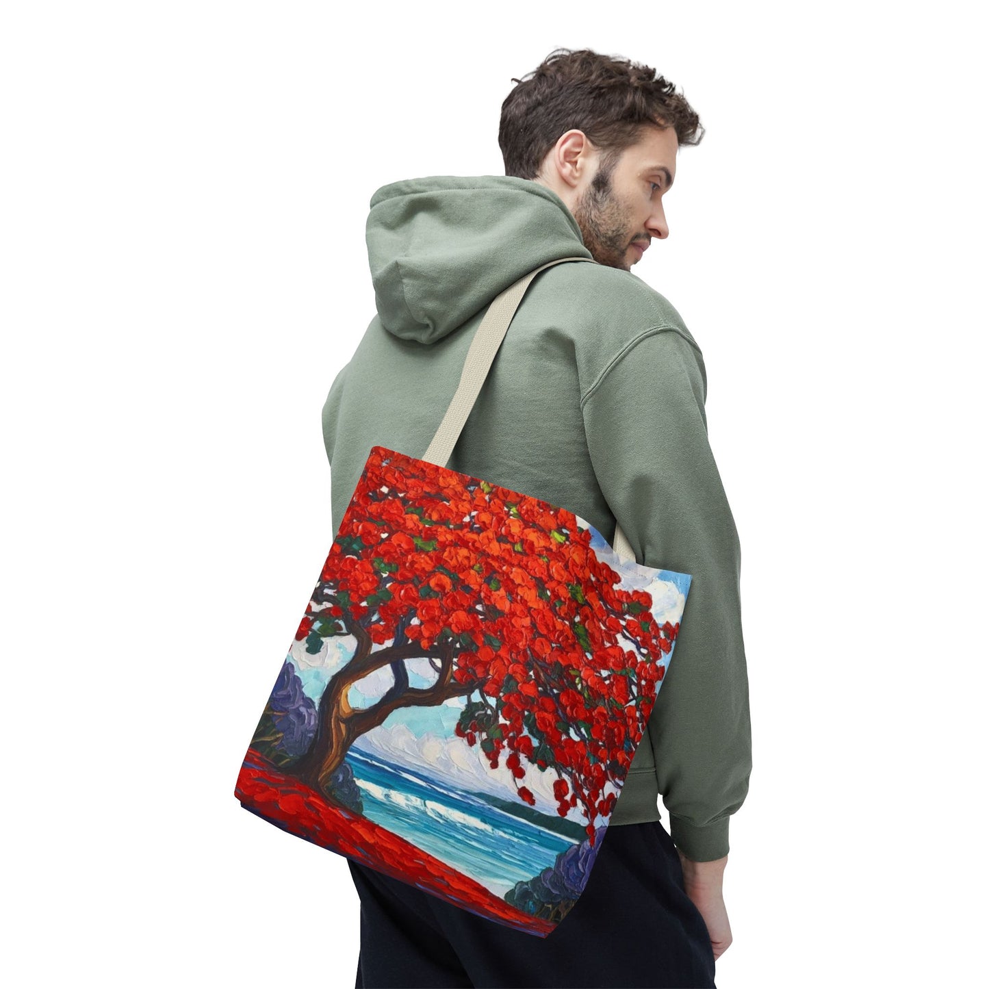 Red Blossom Beach Tote - Tropical Tree Art All-Over Print Tote Bag Crochet-Decorated Tote Bags