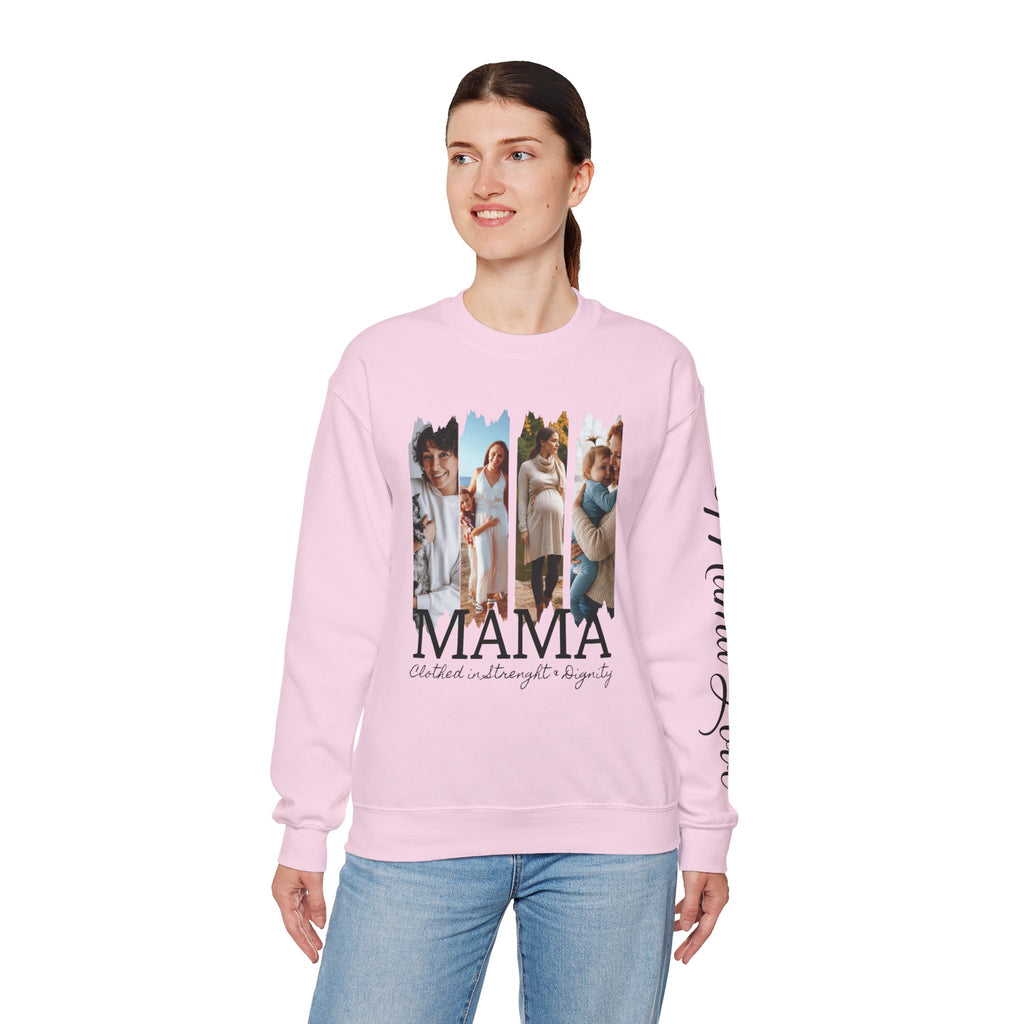 Mama Photo Collage Sweatshirt — "MAMA: clothed in strength & dignity" Sleeve Script