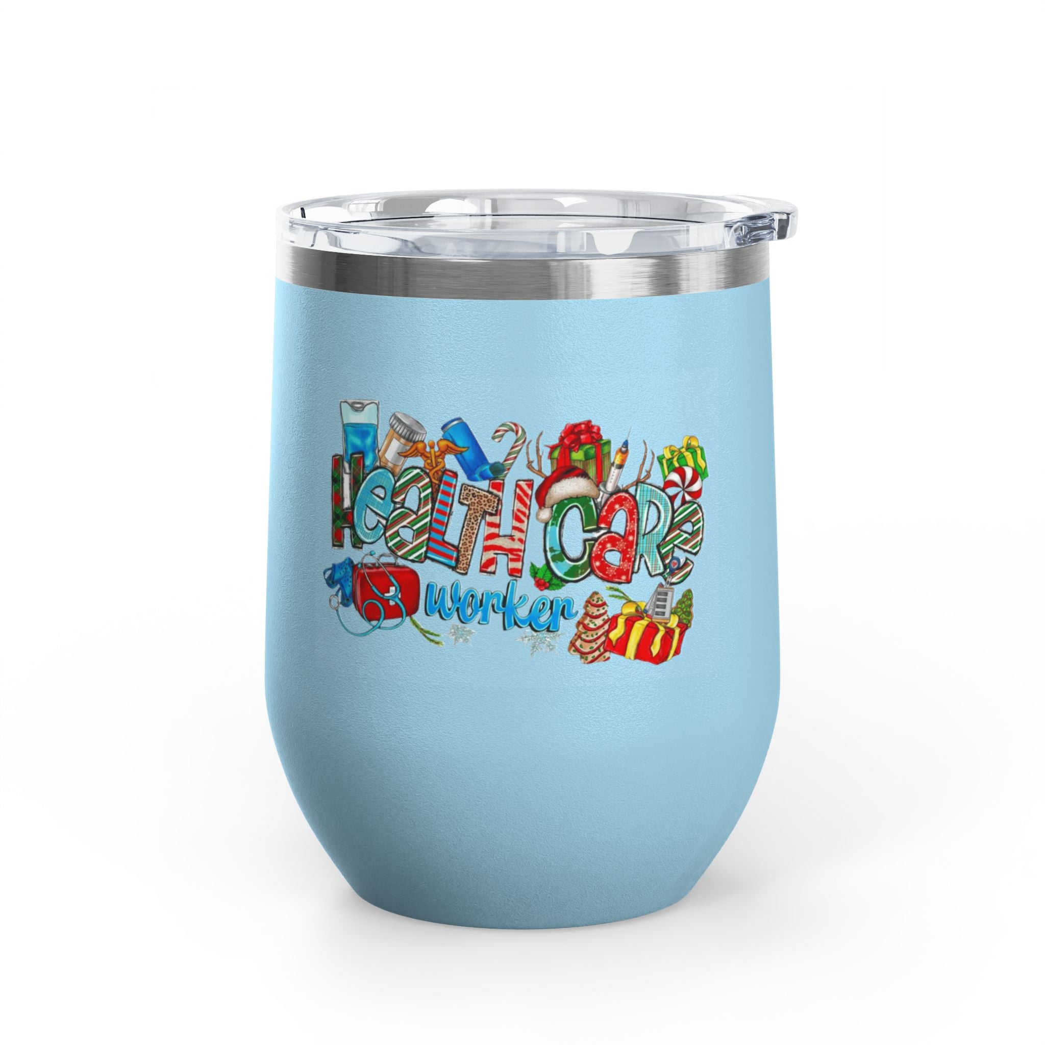 Healthcare Worker 12oz Wine Tumbler — Colorful Holiday Medical Staff Gift Medical Christmas Mug